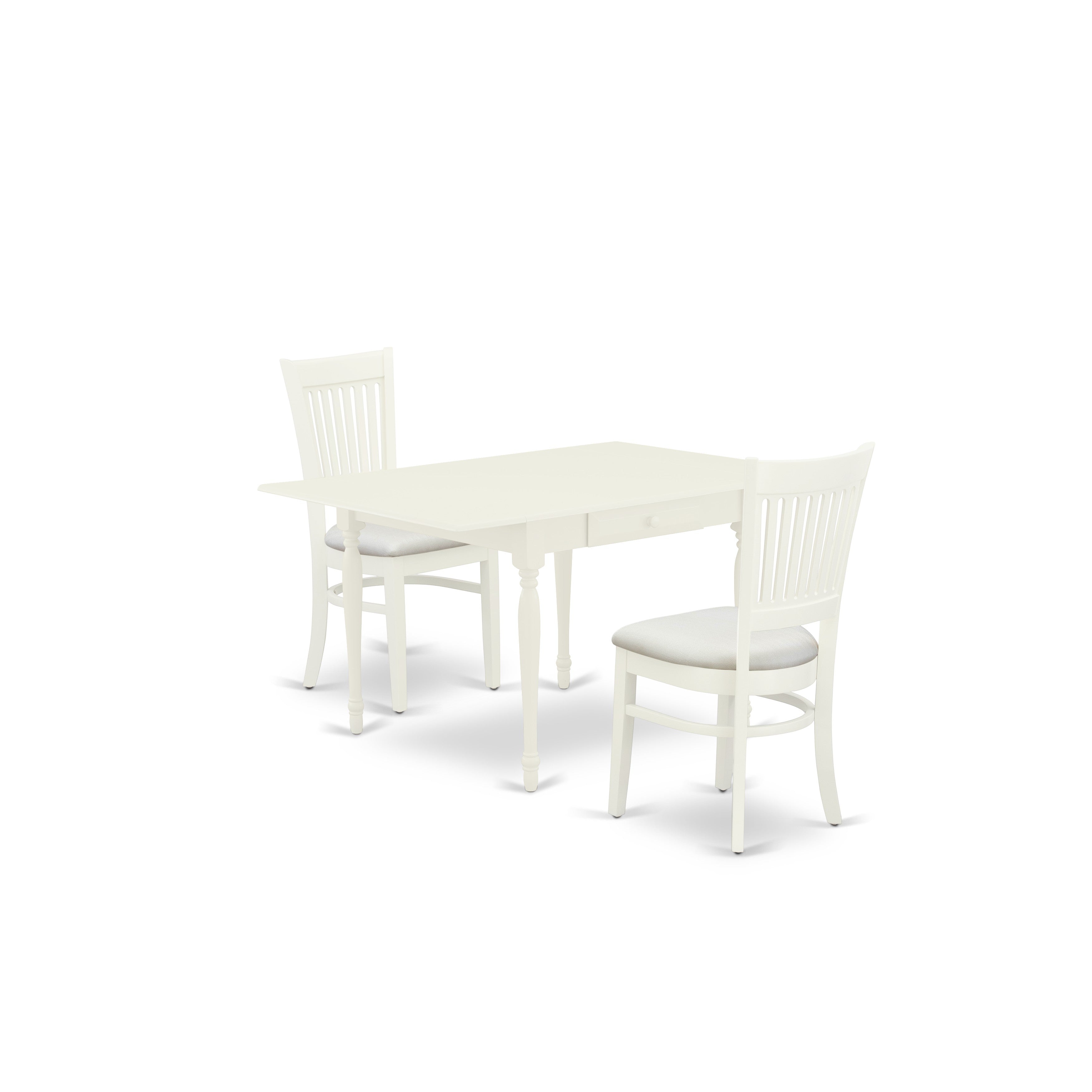 Juego de mesa y sillas de cocina de 3 piezas East West Furniture MZVA3-LWH-C. Incluye una mesa de comedor rectangular con alas abatibles y dos sillas tapizadas en tela de lino.