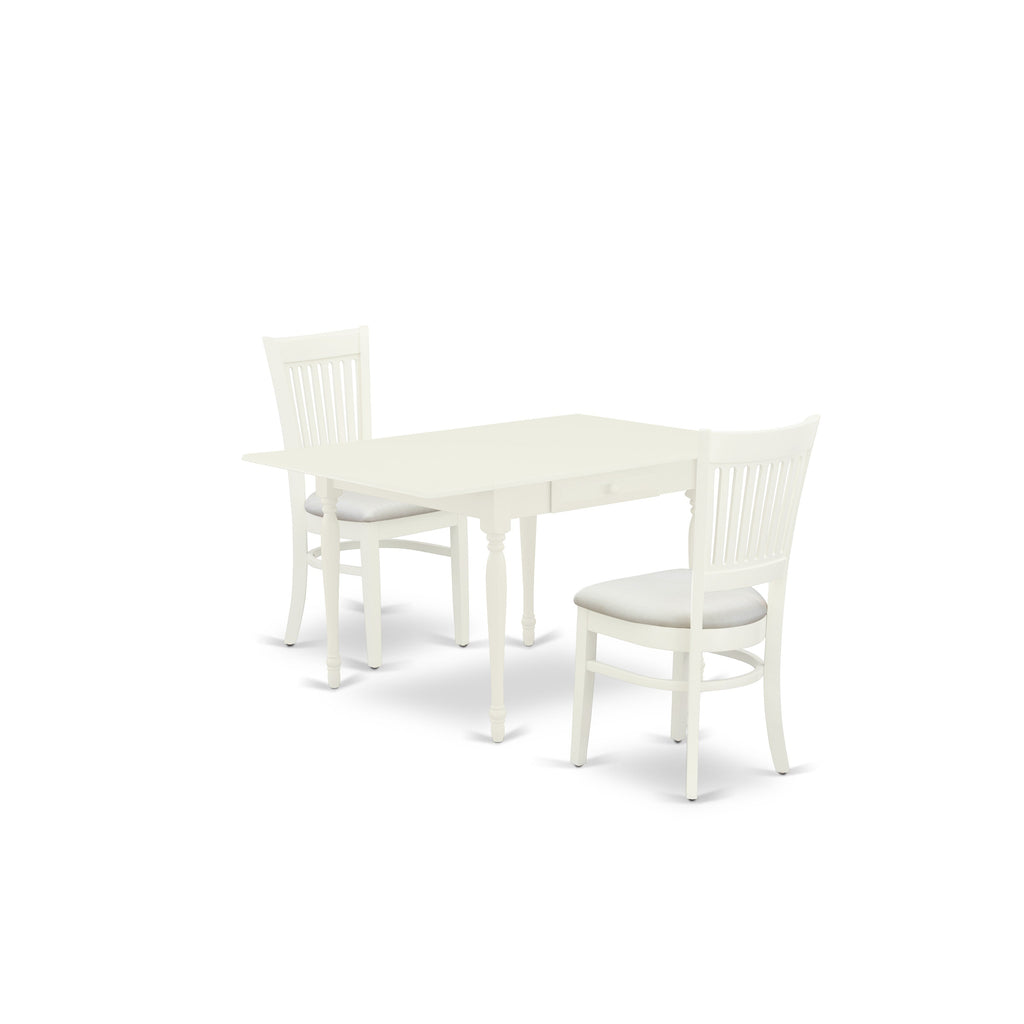 East West Furniture MZVA3-LWH-C 3 Piece Kitchen Table & Chairs Set Contains a Rectangle Dining Room Table with Dropleaf and 2 Linen Fabric Upholstered Chairs