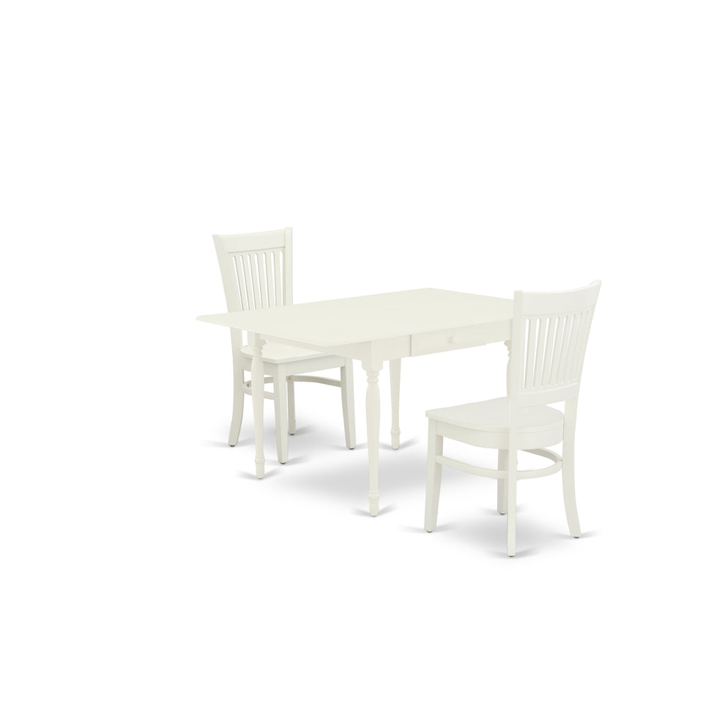 East West Furniture MZVA3-LWH-W 3 Piece Dinette Set for Small Spaces Contains a Rectangle Dining Table with Dropleaf and 2 Kitchen Dining Chairs