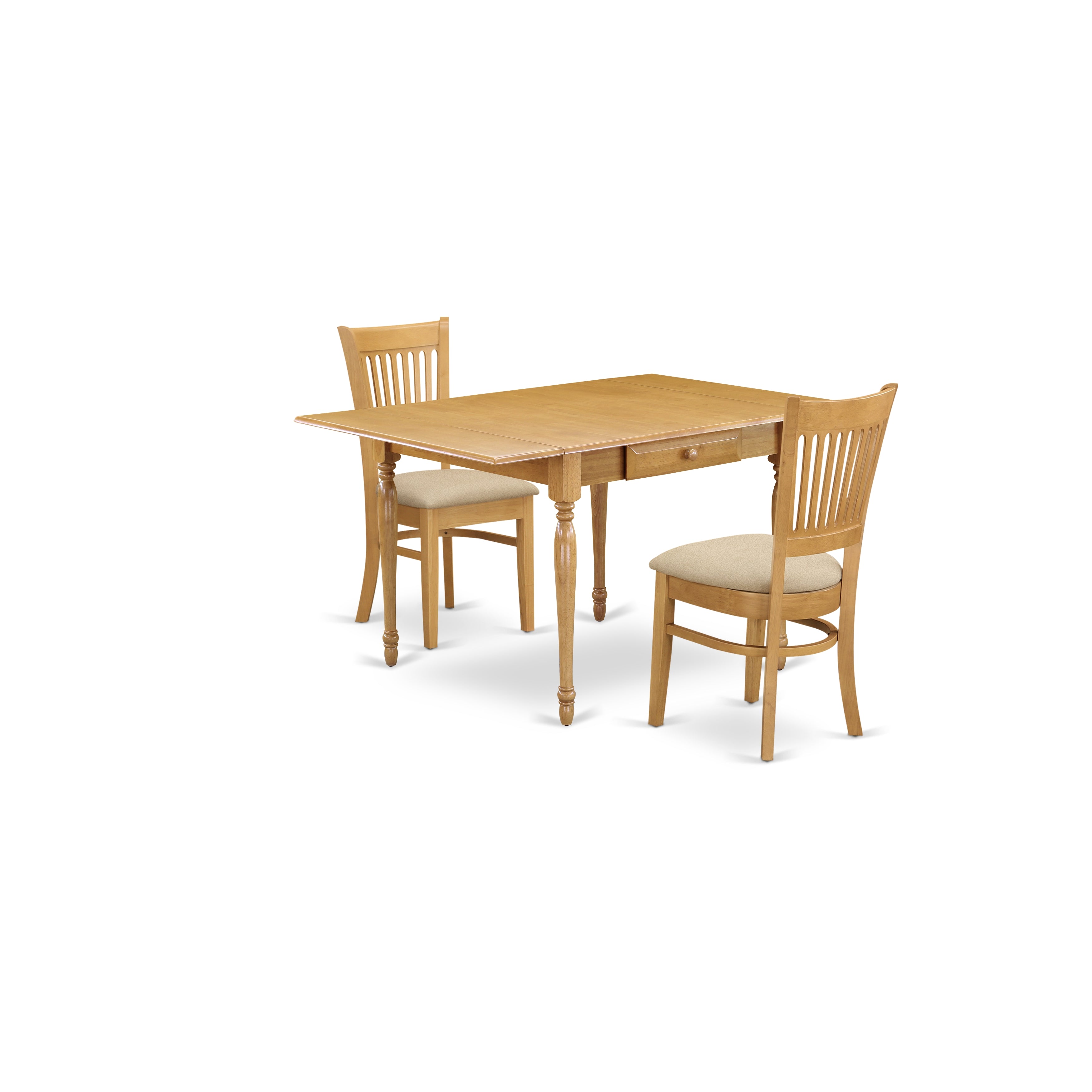 East West Furniture MZVA3-OAK-C 3 Pieces Modern Dining Table set - Strong Two 9-Inch Drop Down Leaves Real Wood Dining Table and 2 Linen Fabic Seat Wood Chairs, Oak Finish
