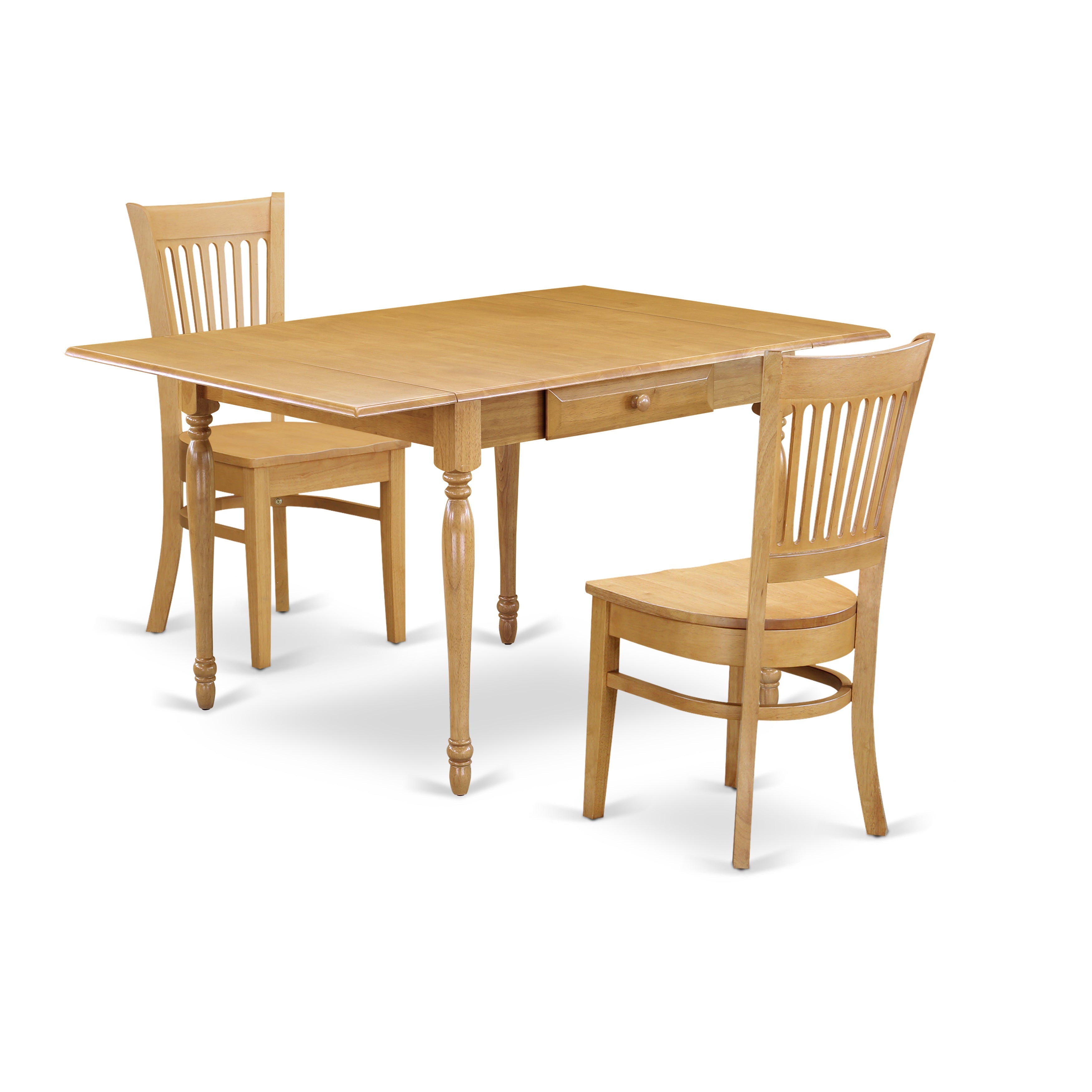 East West Furniture MZVA3-OAK-W 3 Pieces Dining Kitchen Table set - Durable Drop Leaf Real Wood Dining Table and 2 Solid Wood Seat Modern Dining Chairs, Oak Finish