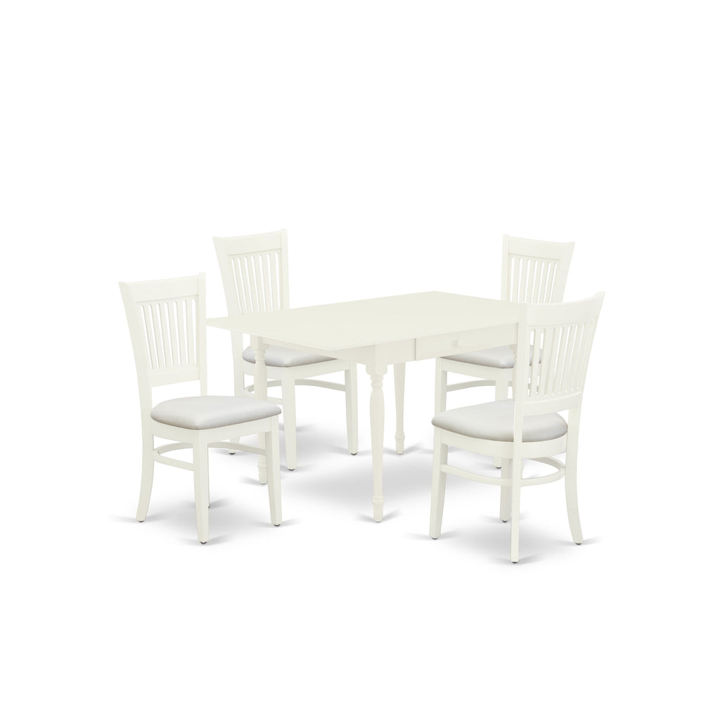East West Furniture MZVA5-LWH-C 5 Piece Modern Dining Table Set Includes a Rectangle Wooden Table with Dropleaf and 4 Linen Fabric Dining Room Chairs