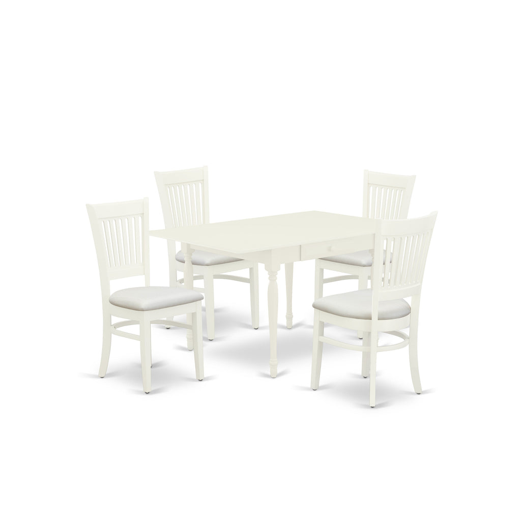 East West Furniture MZVA5-LWH-C 5 Piece Modern Dining Table Set Includes a Rectangle Wooden Table with Dropleaf and 4 Linen Fabric Dining Room Chairs, 36x54 Inch, Linen White