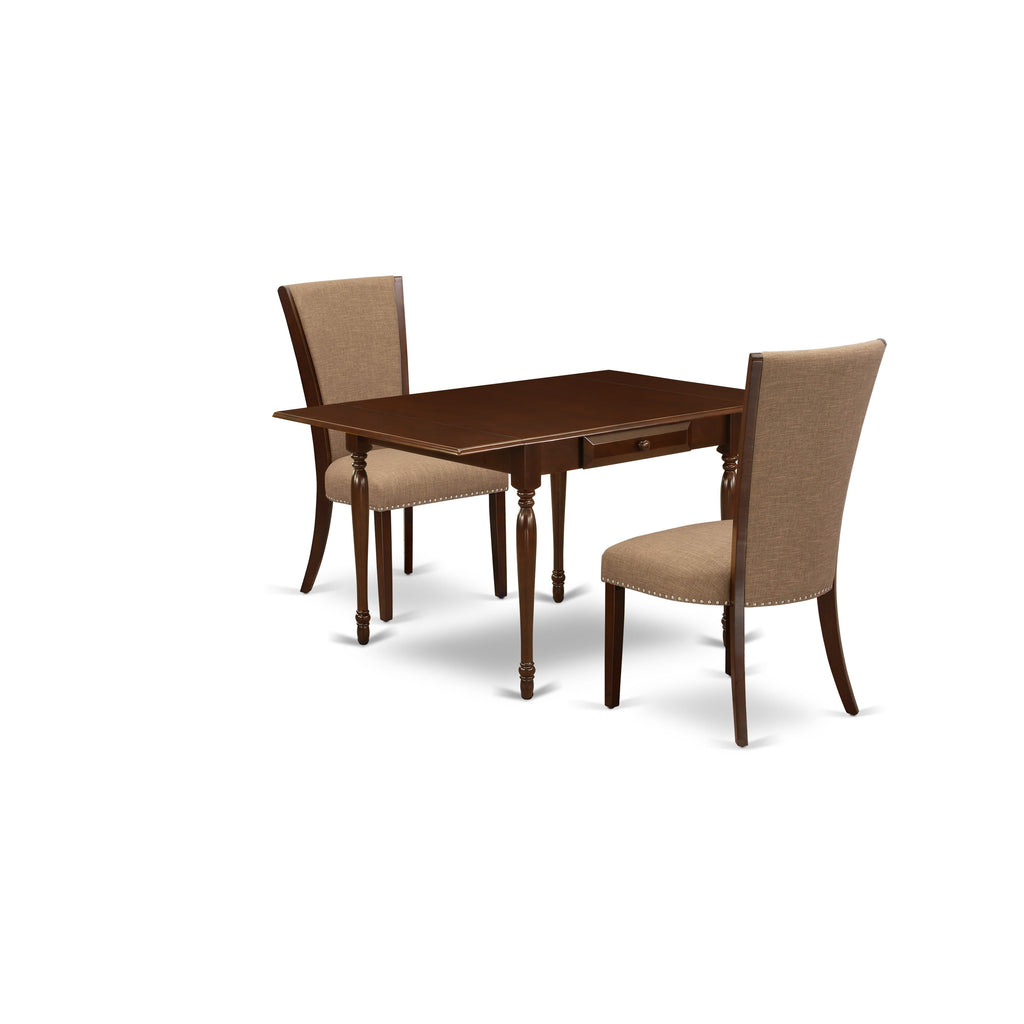 East West Furniture MZVE3-MAH-47 3 Piece Kitchen Table Set Contains a Rectangle Dining Table with Dropleaf and 2 Light Sable Linen Fabric Upholstered Chairs