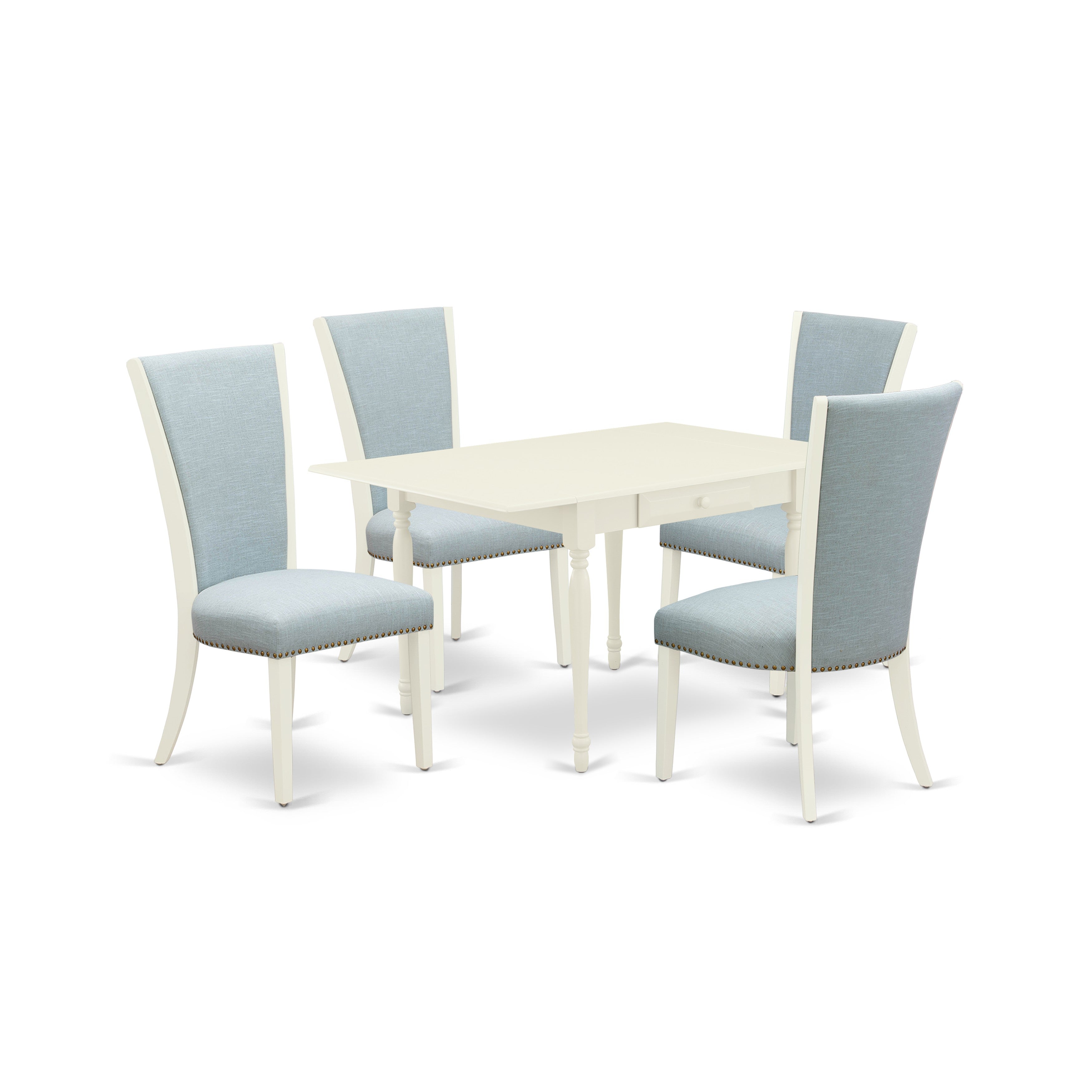 EAST WEST FURNITURE - MZVE5-LWH-15 - 5 Piece Modern Dining Set - 4 Baby Blue Linen Fabric Dining Chairs with High Back and 1 Dropleafs Dining Table - linen white Finish
