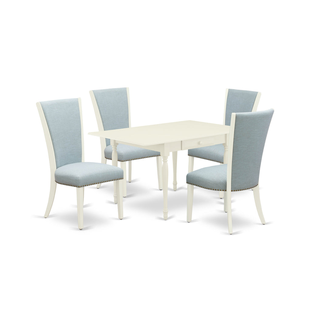 East West Furniture MZVE5-LWH-15 5 Piece Dining Table Set Includes a Rectangle Wooden Table with Dropleaf and 4 Baby Blue Linen Fabric Parson Dining Room Chairs, 36x54 Inch, Linen White