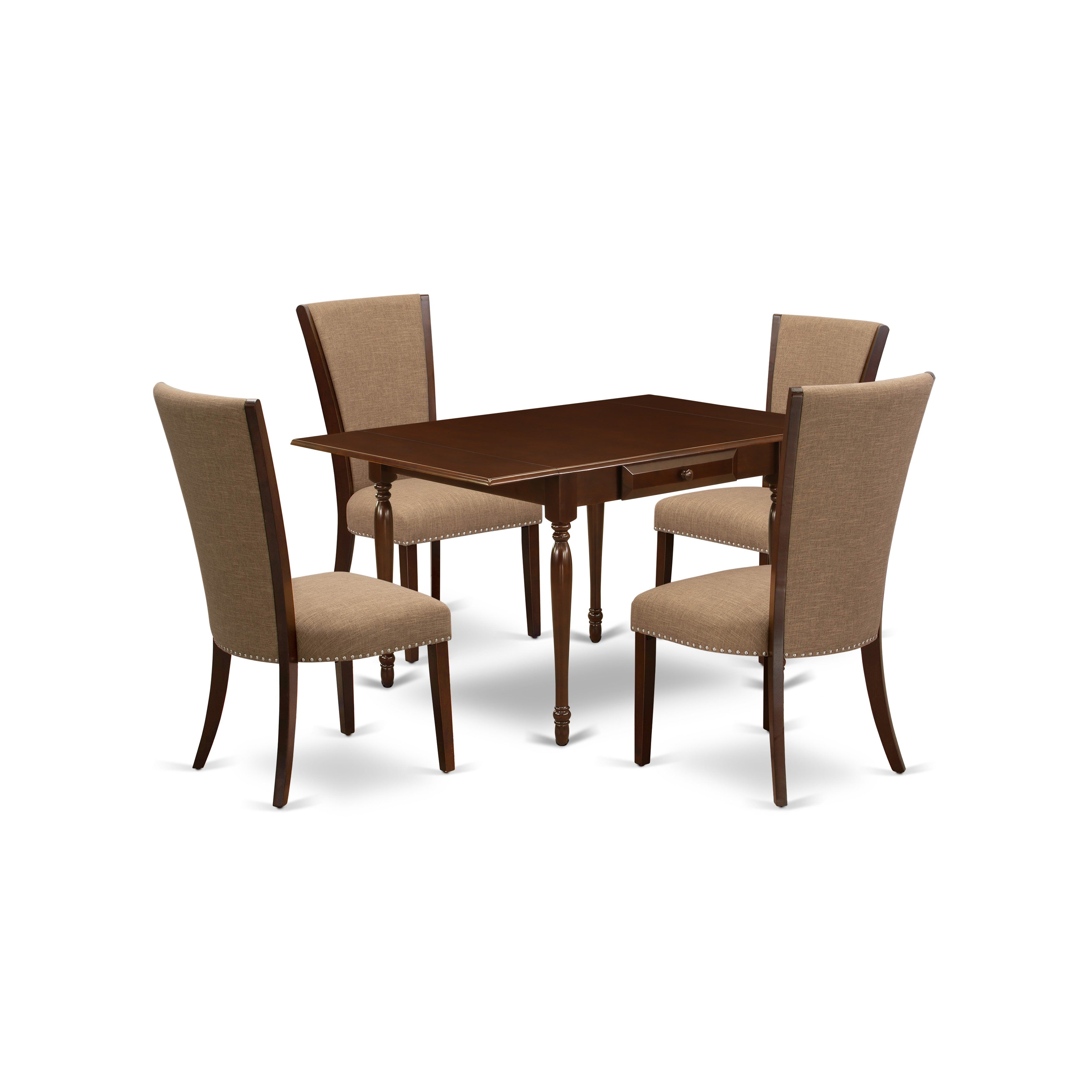 EAST WEST FURNITURE - MZVE5-MAH-47 - 5 Piece Dining Table Set - 4 Light Sable Linen Fabric kitchen chairs with High Back and 1 Dropleafs Dining Room Table - Mahogany Finish
