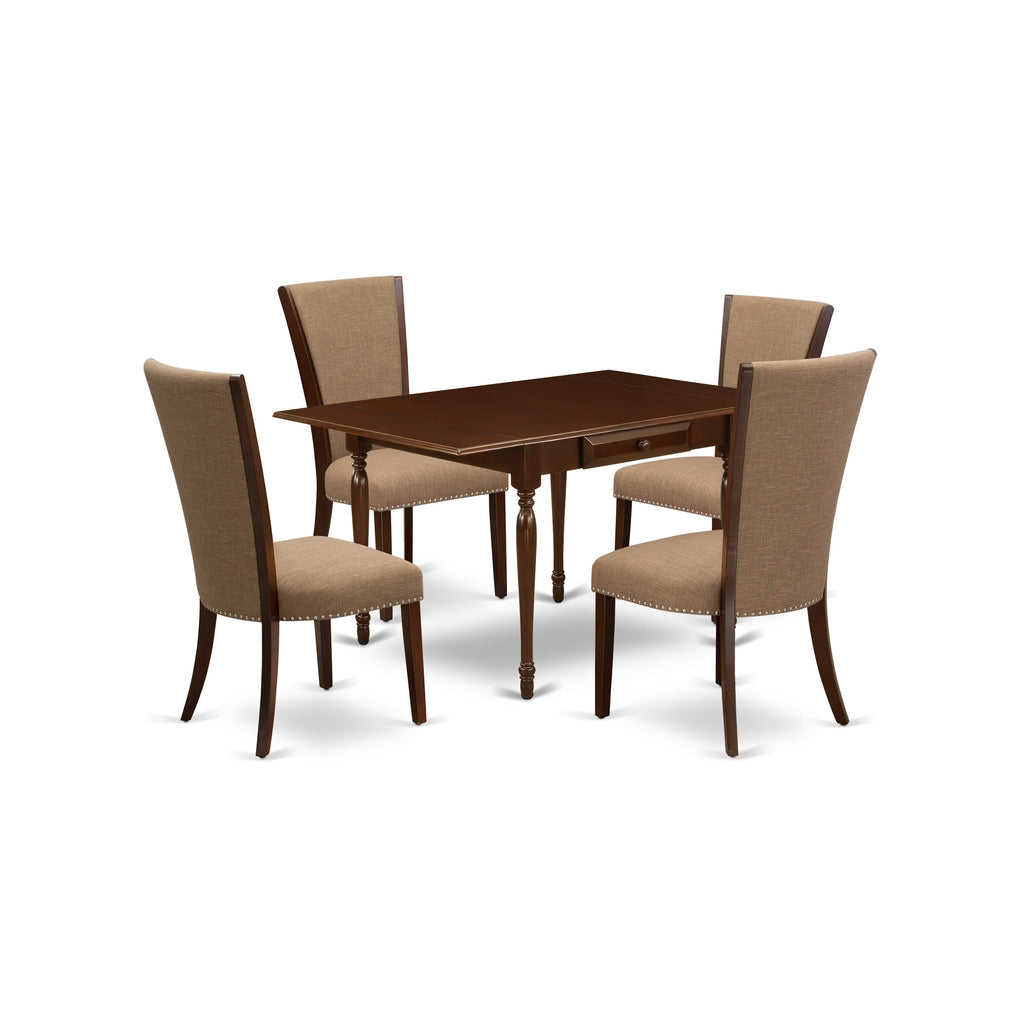 El juego de mesa de comedor de 5 piezas East West Furniture MZVE5-MAH-47 incluye una mesa de comedor rectangular con alas abatibles y 4 sillas tapizadas en tela de lino color sable claro.