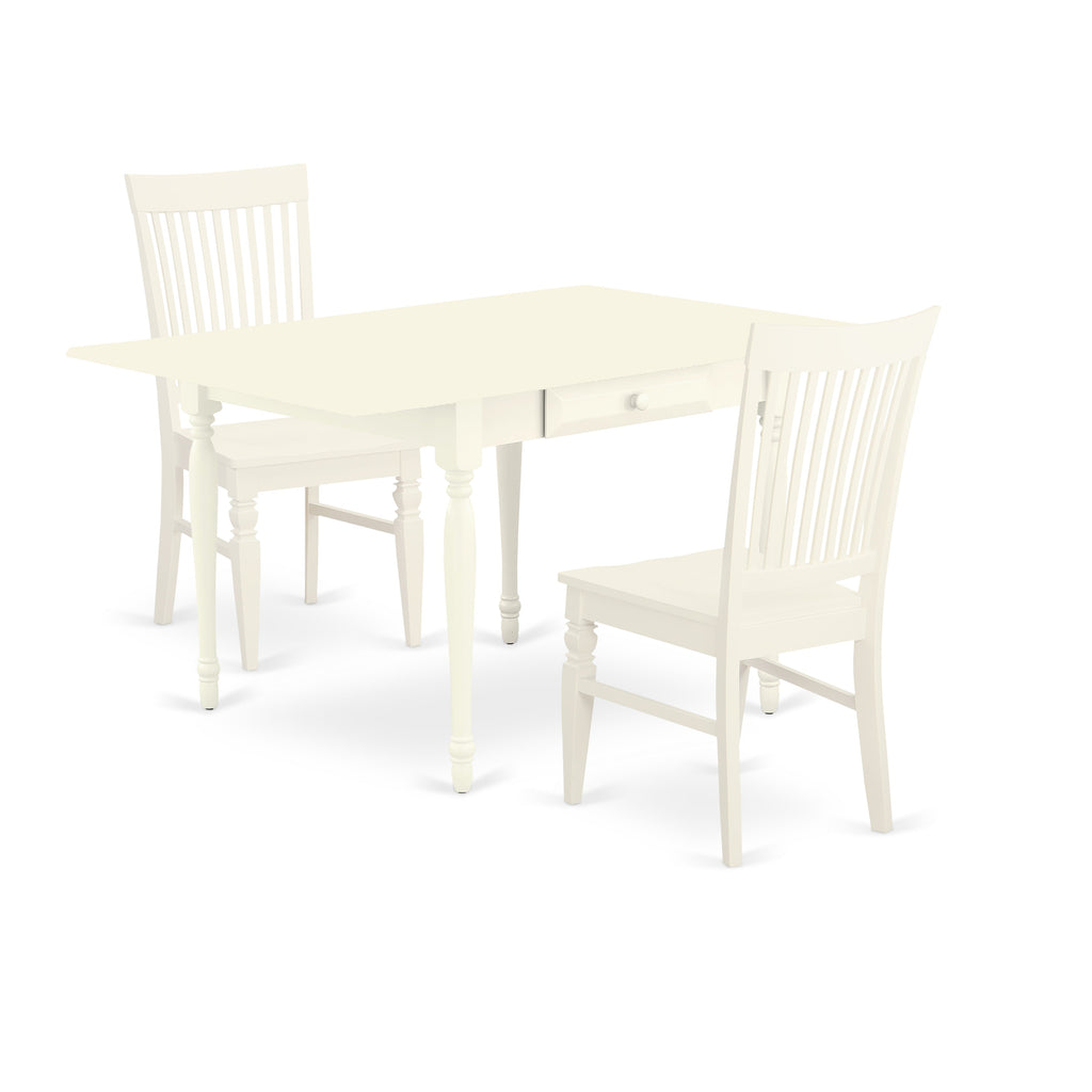 East West Furniture MZWE3-LWH-W 3 Piece Modern Dining Table Set Contains a Rectangle Wooden Table with Dropleaf and 2 Dining Chairs, 36x54 Inch, Linen White