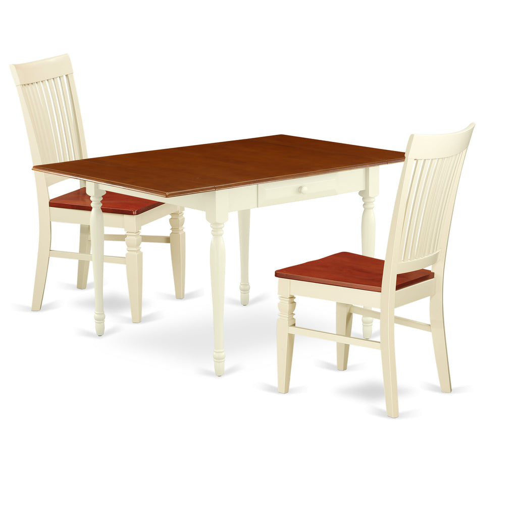 East West Furniture MZWE3-WHI-W 3 Piece Kitchen Table Set for Small Spaces Contains a Rectangle Dining Room Table with Dropleaf and 2 Dining Chairs