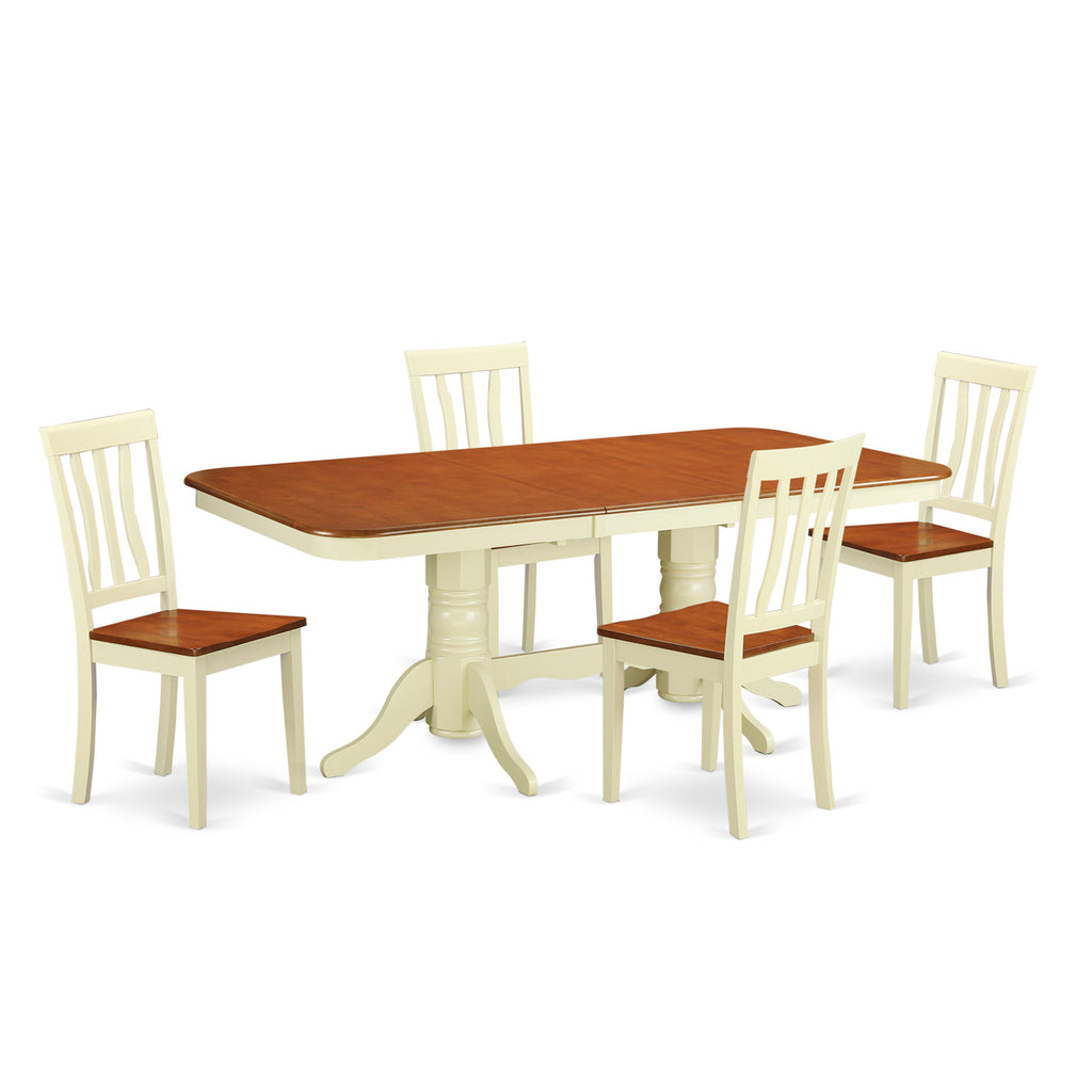 Juego de mesa de comedor de 5 piezas East West Furniture NAAN5-WHI-W para 4 personas. Incluye una mesa de cocina rectangular con diseño de hojas de mariposa y 4 sillas de comedor.