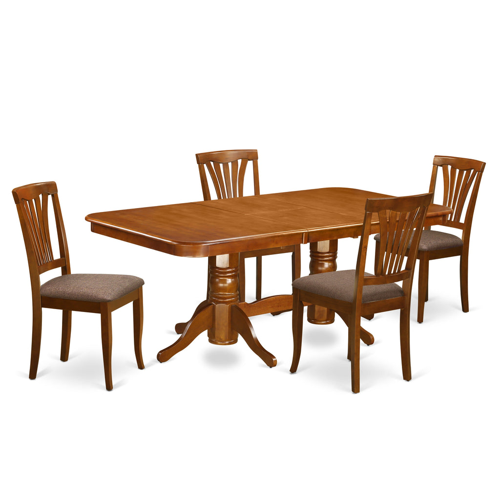East West Furniture NAAV5-SBR-C 5 Piece Dining Set Includes a Rectangle Dining Room Table with Butterfly Leaf and 4 Linen Fabric Upholstered Chairs, 40x78 Inch, Saddle Brown