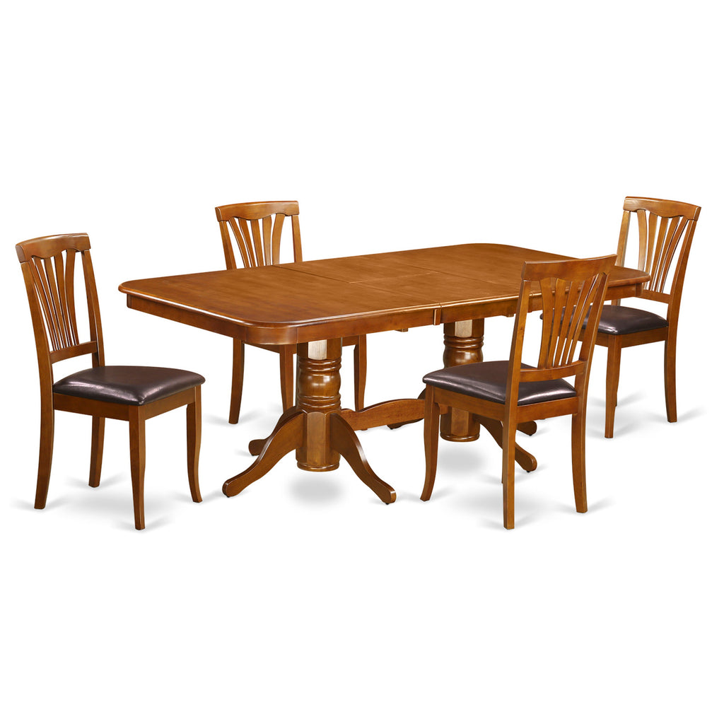 Juego de comedor de 5 piezas East West Furniture NAAV5-SBR-LC para 4 personas. Incluye una mesa de comedor rectangular con diseño de hojas de mariposa y 4 sillas de comedor de piel sintética.