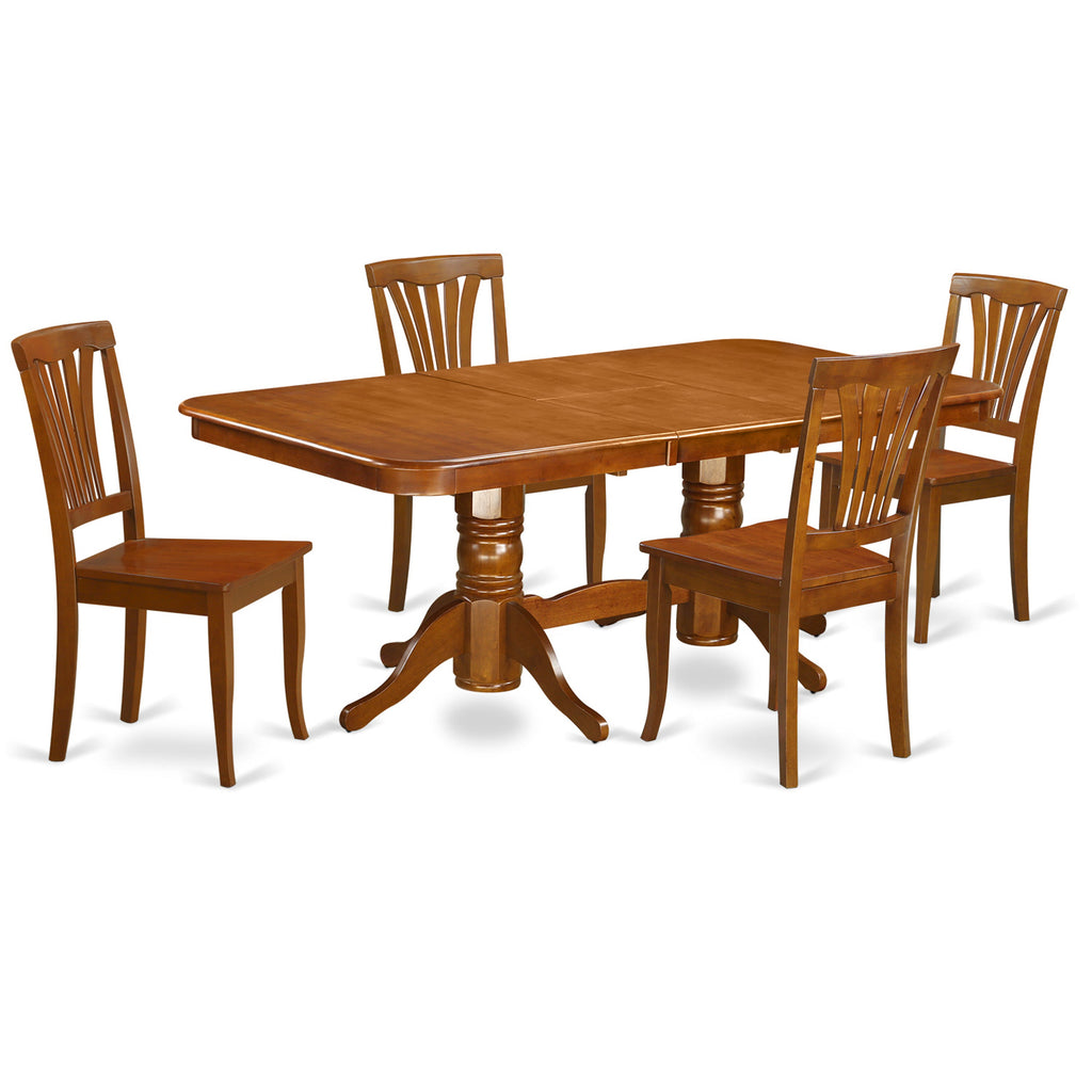 Juego de mesa de cocina de 5 piezas East West Furniture NAAV5-SBR-W para 4 personas. Incluye una mesa de comedor rectangular con diseño de hojas de mariposa y 4 sillas de madera maciza.
