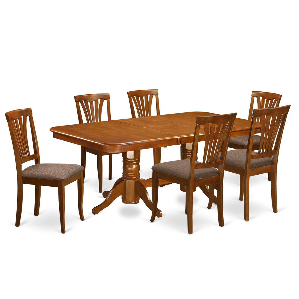 East West Furniture NAAV7-SBR-C 7 Piece Dining Table Set Consist of a Rectangle Dining Room Table with Butterfly Leaf and 6 Linen Fabric Upholstered Chairs, 40x78 Inch, Saddle Brown