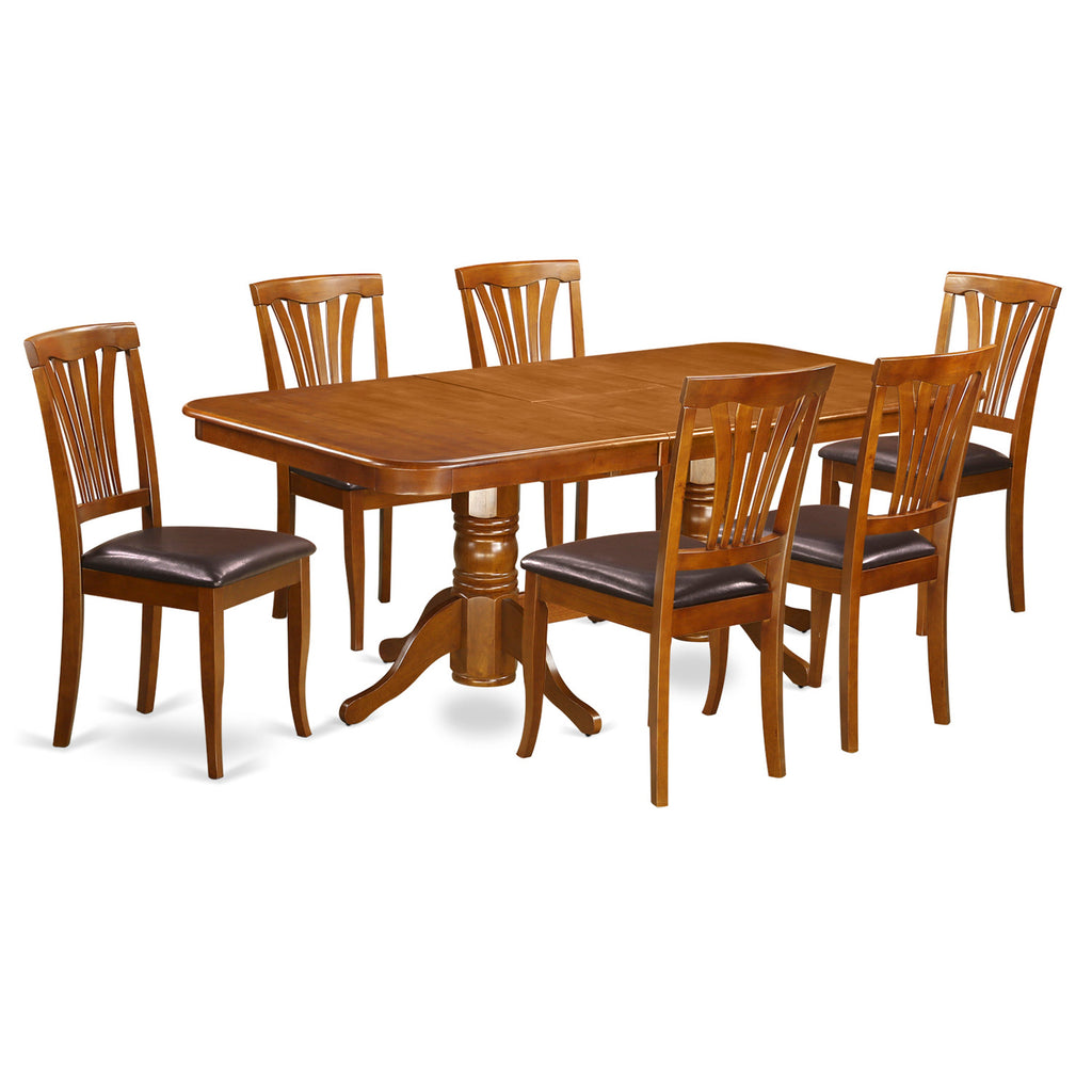Juego de mesa y sillas de cocina de 7 piezas NAAV7-SBR-LC de East West Furniture. Incluye una mesa de comedor rectangular con diseño de hojas de mariposa y 6 sillas de comedor de piel sintética.