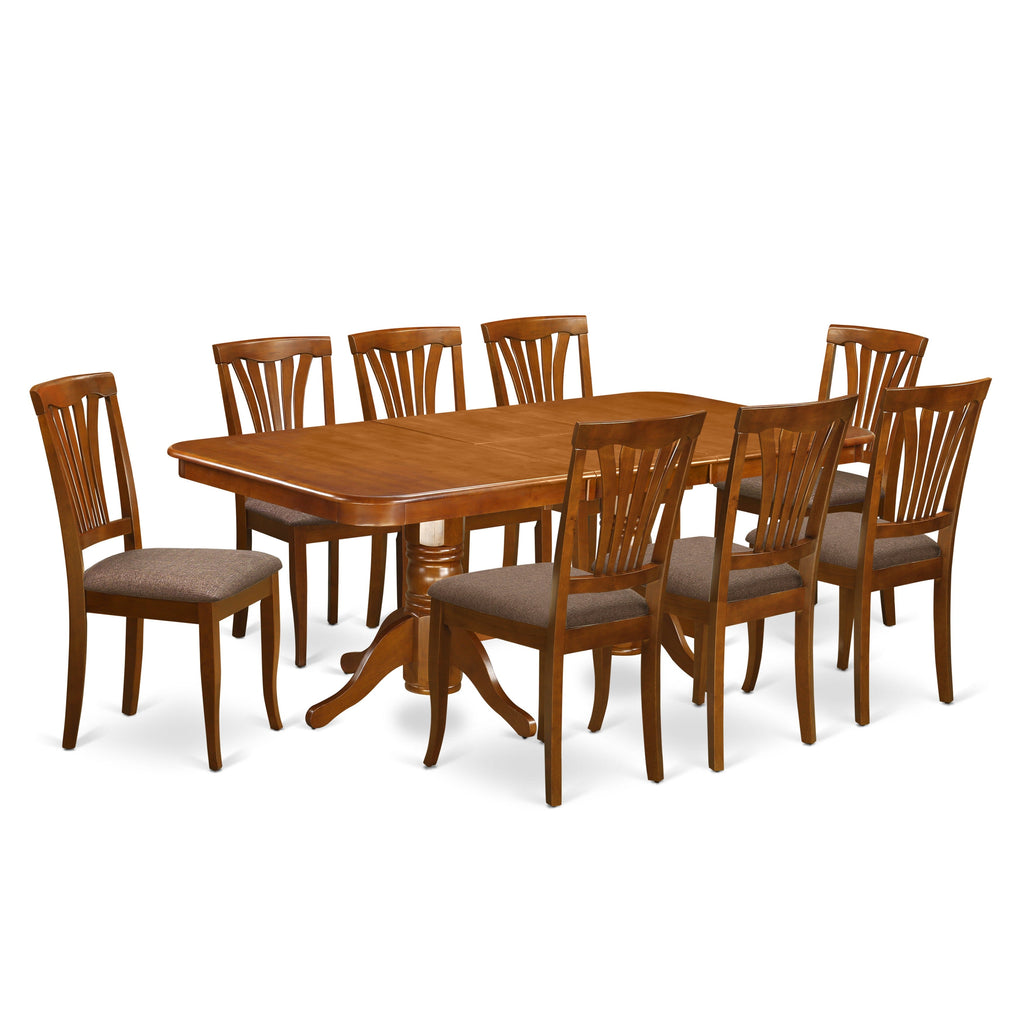 East West Furniture NAAV9-SBR-C 9 Piece Dining Room Table Set Includes a Rectangle Kitchen Table with Butterfly Leaf and 8 Linen Fabric Upholstered Dining Chairs