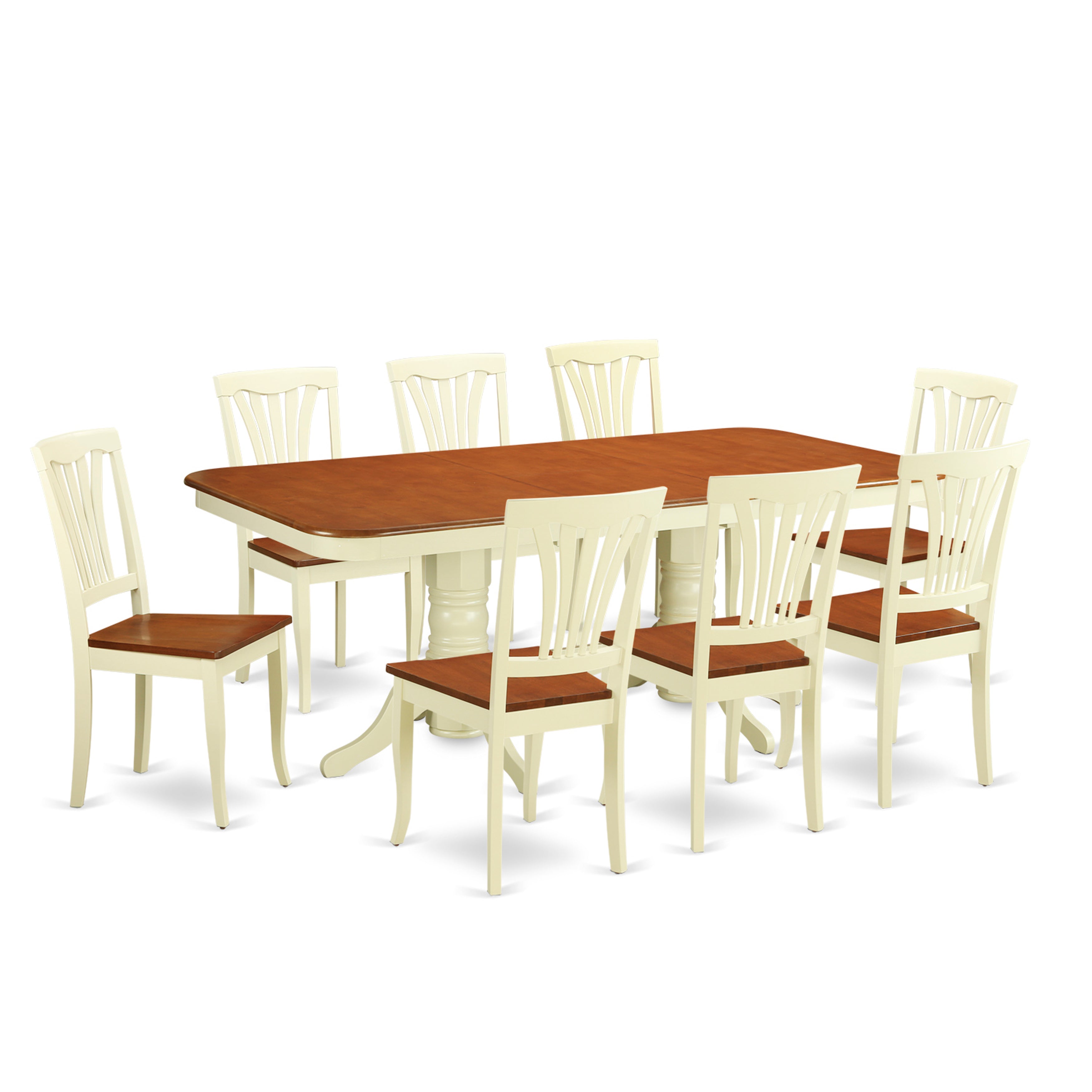 El juego de mesa de comedor East West Furniture NAAV9-WHI-W de 9 piezas incluye una mesa de comedor rectangular con hojas de mariposa y 8 sillas de comedor.