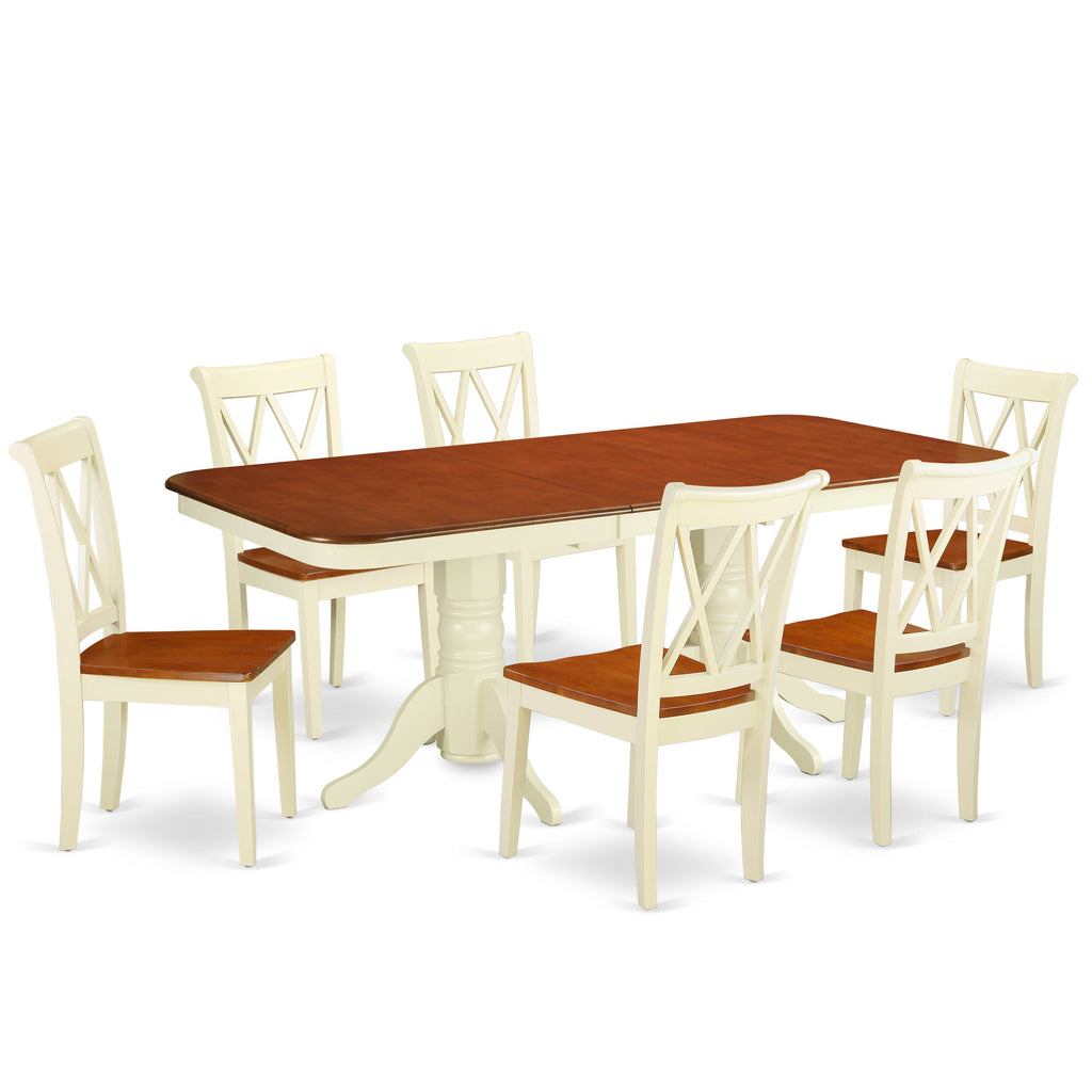 Juego de mesa de comedor de 7 piezas East West Furniture NACL7-BMK-W compuesto por una mesa rectangular con hojas de mariposa y 6 sillas con asiento de madera.