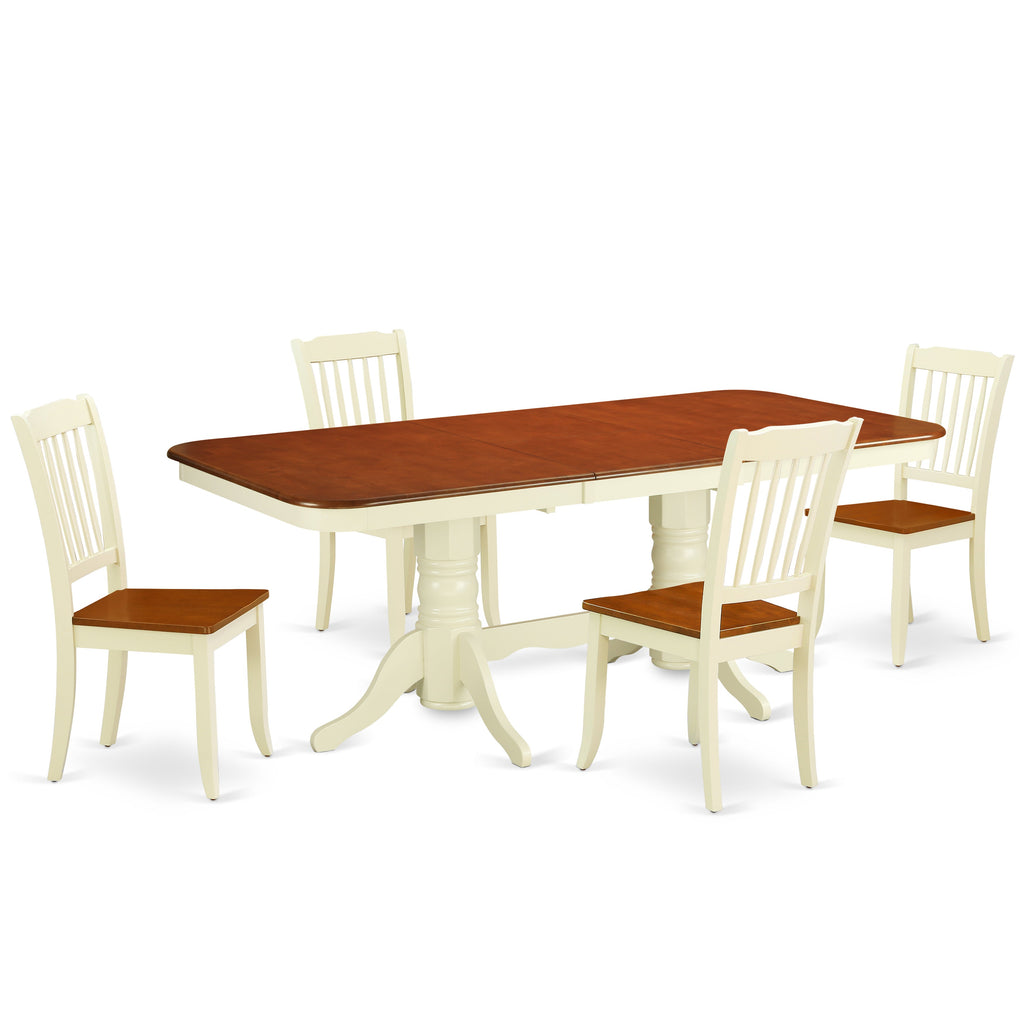El juego de comedor de 5 piezas East West Furniture NADA5-BMK-W incluye una mesa de comedor rectangular con hojas de mariposa y 4 sillas con asiento de madera.