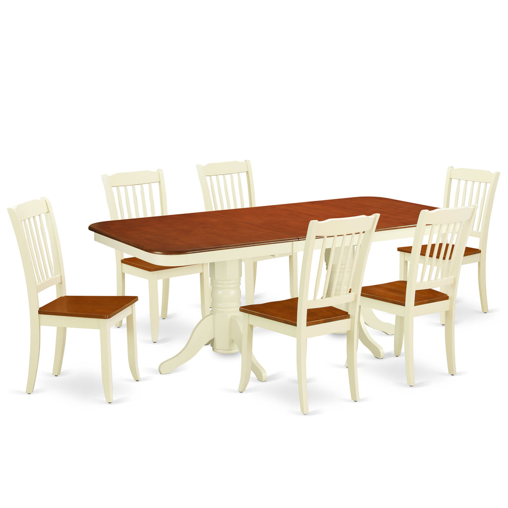 Juego de mesa de comedor moderna de 7 piezas East West Furniture NADA7-BMK-W compuesto por una mesa rectangular de madera con hojas de mariposa y 6 sillas de comedor.