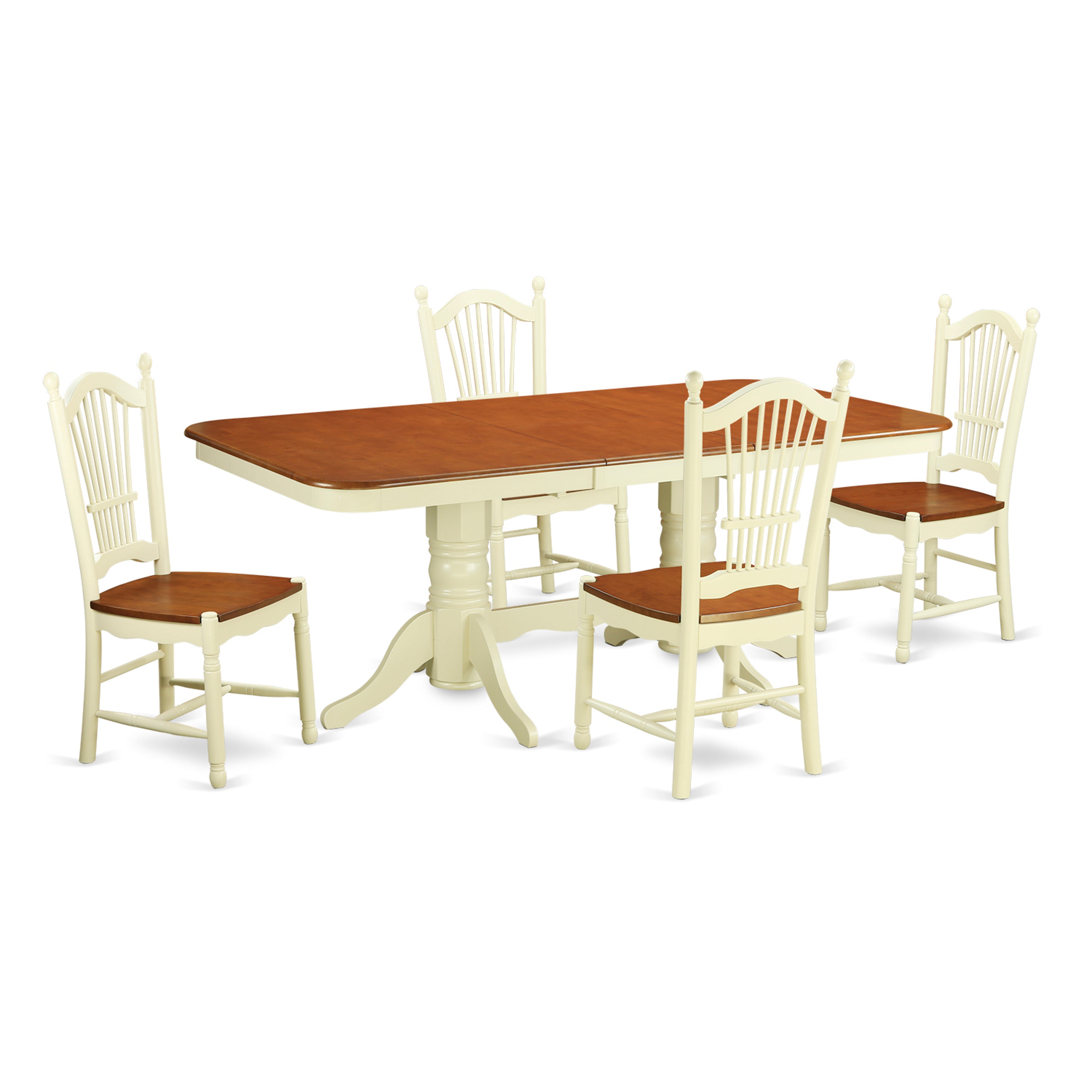 Juego de mesa de cocina de 5 piezas East West Furniture NADO5-WHI-W para 4 personas. Incluye una mesa de comedor rectangular con diseño de hojas de mariposa y 4 sillas de comedor.