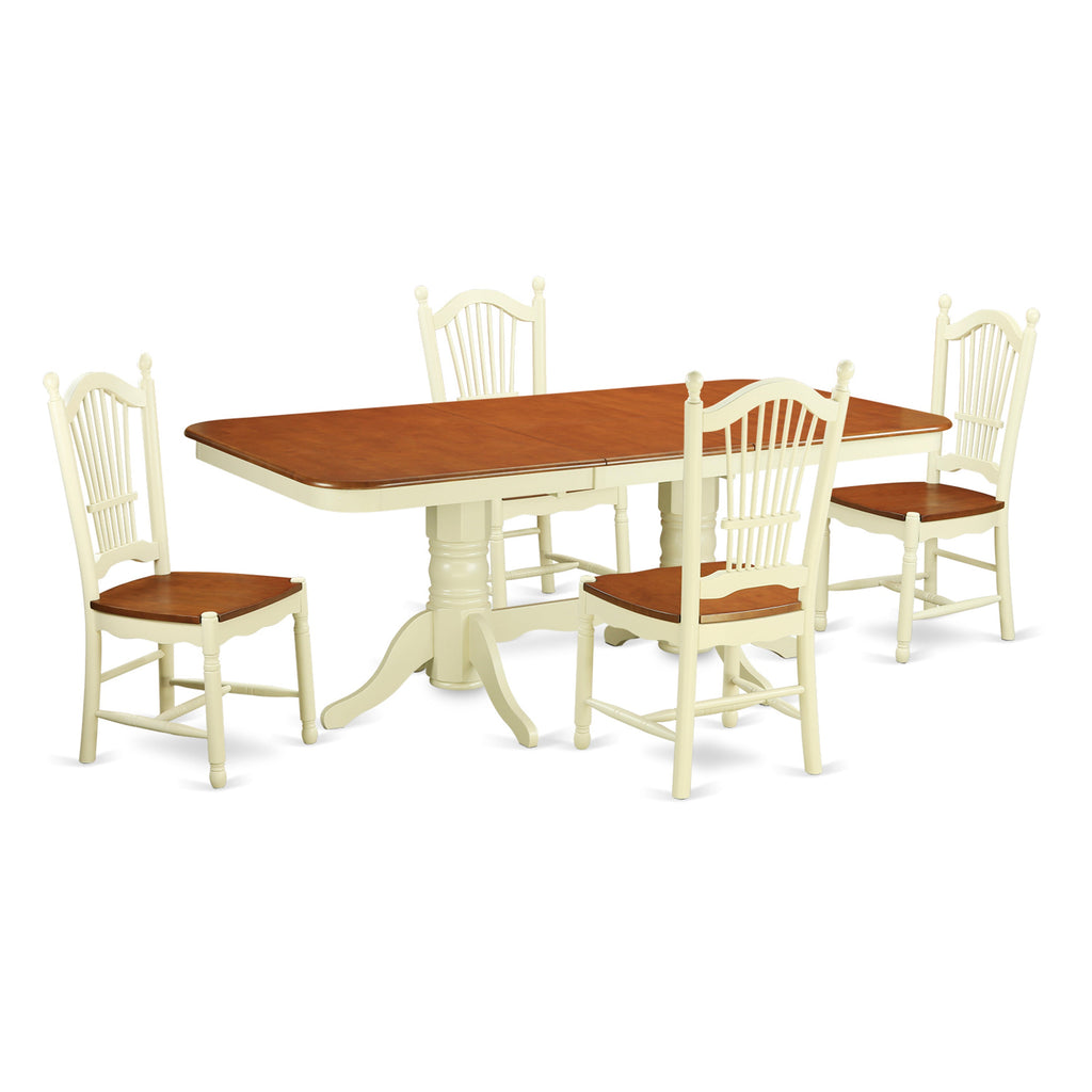 Juego de mesa de cocina de 5 piezas East West Furniture NADO5-WHI-W para 4 personas. Incluye una mesa de comedor rectangular con diseño de hojas de mariposa y 4 sillas de comedor.