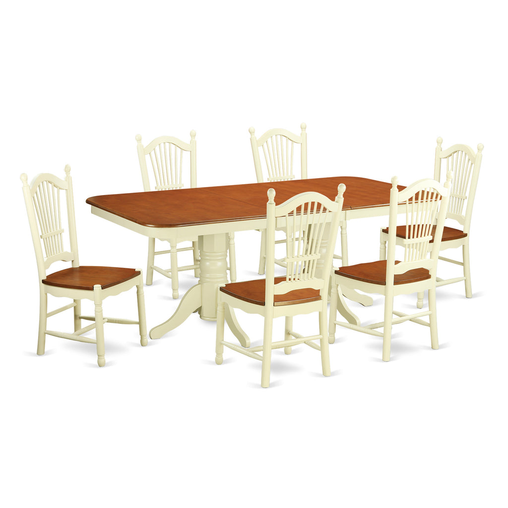 Juego de comedor East West Furniture NADO7-WHI-W de 7 piezas compuesto por una mesa de cocina rectangular con diseño de hojas de mariposa y 6 sillas de comedor.