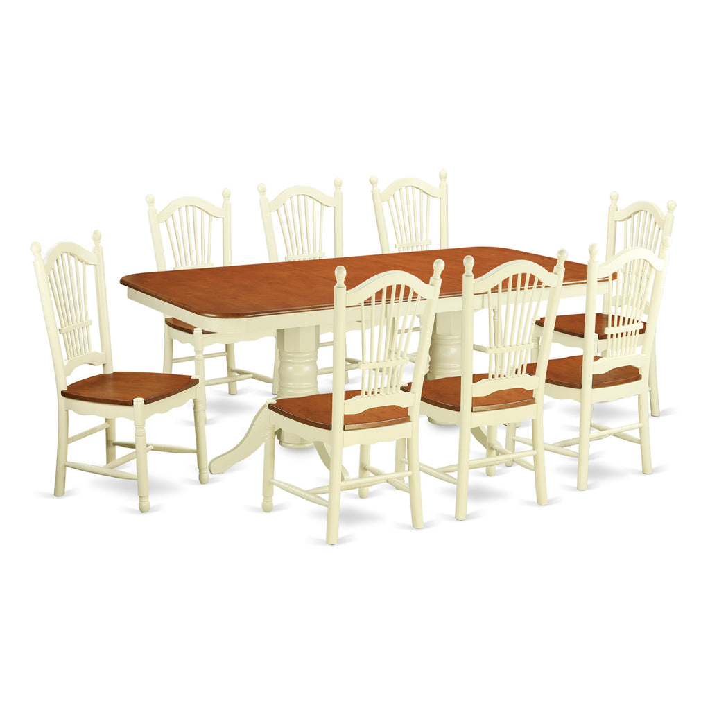 El juego de mesa de comedor East West Furniture NADO9-WHI-W de 9 piezas incluye una mesa rectangular de madera con diseño de hojas de mariposa y 8 sillas de comedor.