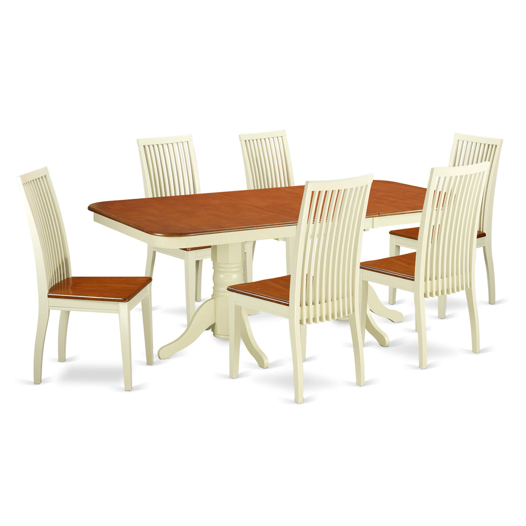 Juego de mesa de comedor de 7 piezas East West Furniture NAIP7-BMK-W compuesto por una mesa rectangular de madera con diseño de hojas de mariposa y 6 sillas de comedor de cocina.