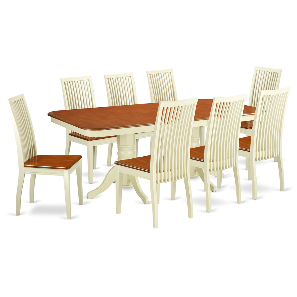 El juego de mesa de comedor moderno East West Furniture NAIP9-BMK-W de 9 piezas incluye una mesa rectangular de madera con diseño de hojas de mariposa y 8 sillas de comedor de cocina.