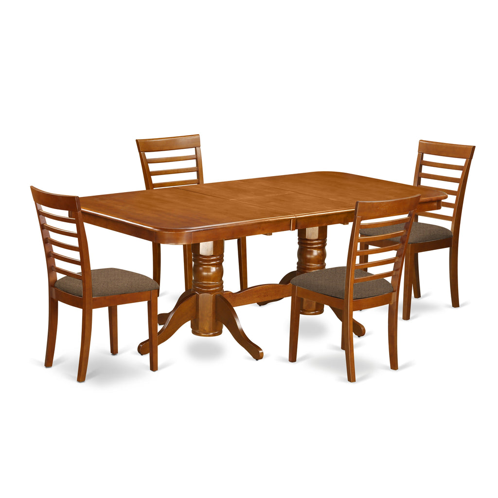 El juego de mesa de comedor de 5 piezas East West Furniture NAML5-SBR-C incluye una mesa de cocina rectangular con diseño de hojas de mariposa y 4 sillas de comedor tapizadas en tela de lino.