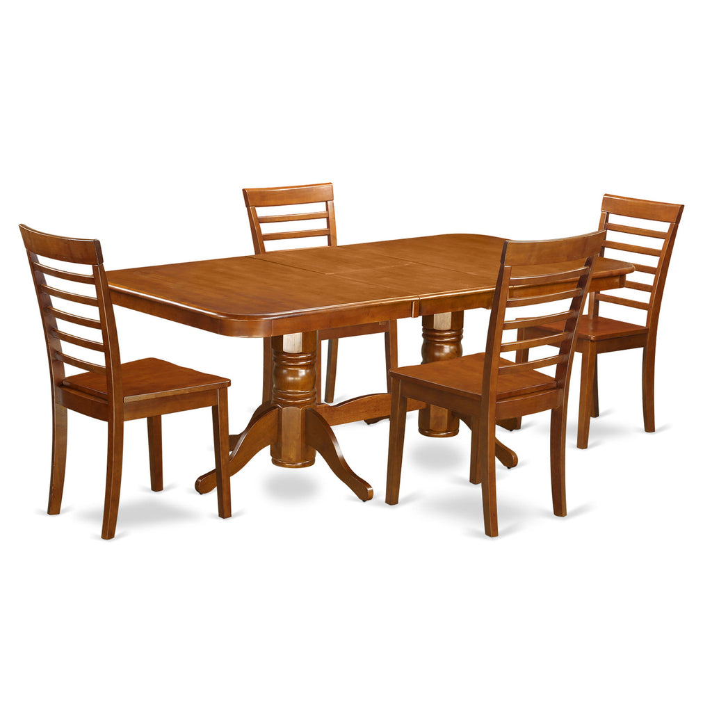 El juego de mesa de comedor moderno de 5 piezas East West Furniture NAML5-SBR-W incluye una mesa rectangular de madera con diseño de hojas de mariposa y 4 sillas de comedor de cocina.