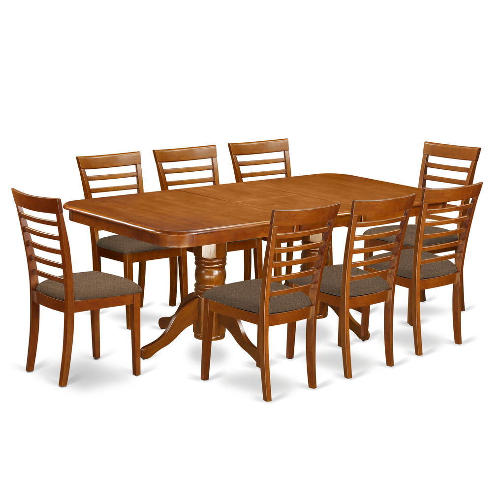 El juego de comedor East West Furniture NAML9-SBR-C de 9 piezas incluye una mesa de cocina rectangular con diseño de hojas de mariposa y 8 sillas tapizadas en tela de lino.