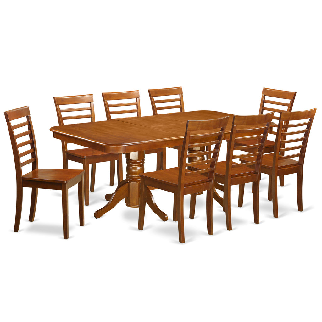 Juego de mesa y sillas de cocina de 9 piezas NAML9-SBR-W de East West Furniture. Incluye una mesa de comedor rectangular con diseño de hojas de mariposa y 8 sillas de comedor.