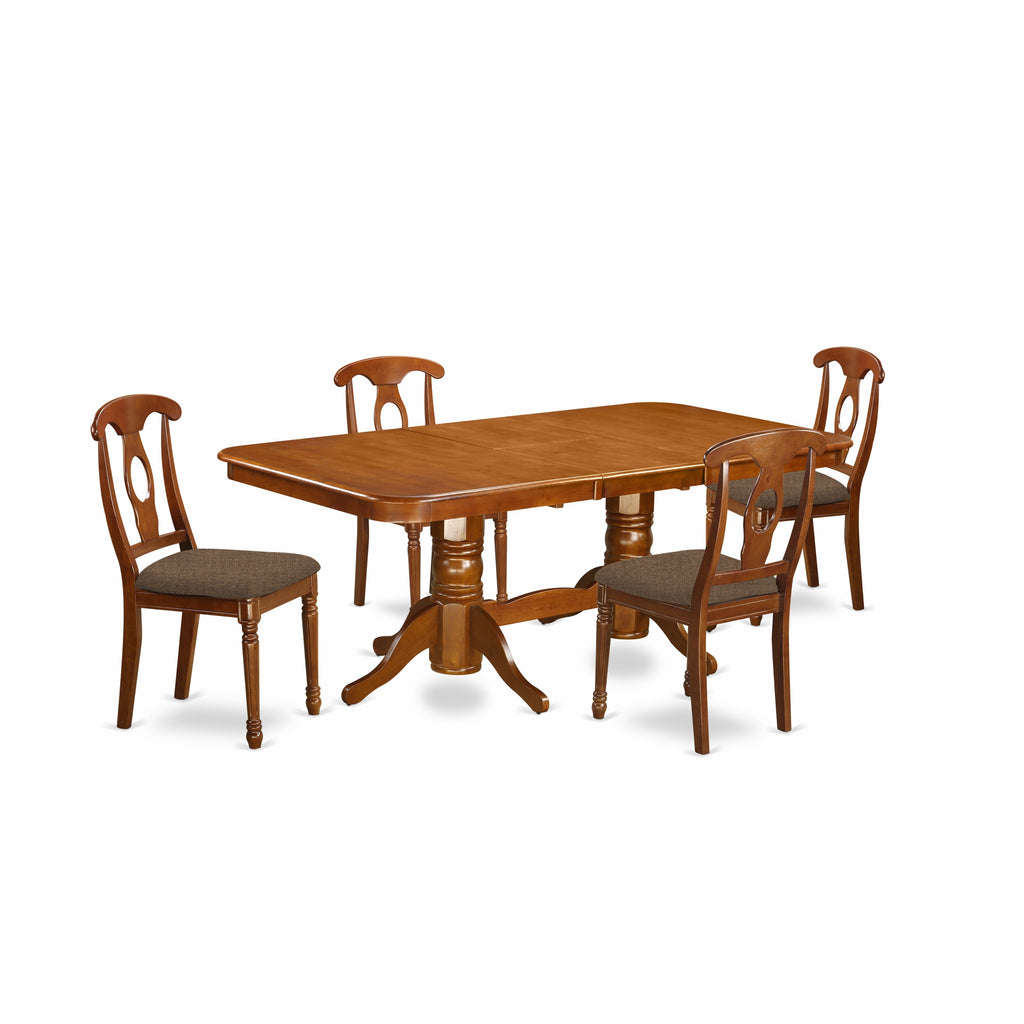 El juego de comedor de 5 piezas East West Furniture NANA5-SBR-C incluye una mesa rectangular de madera con diseño de hojas de mariposa y 4 sillas de comedor de cocina de tela de lino.