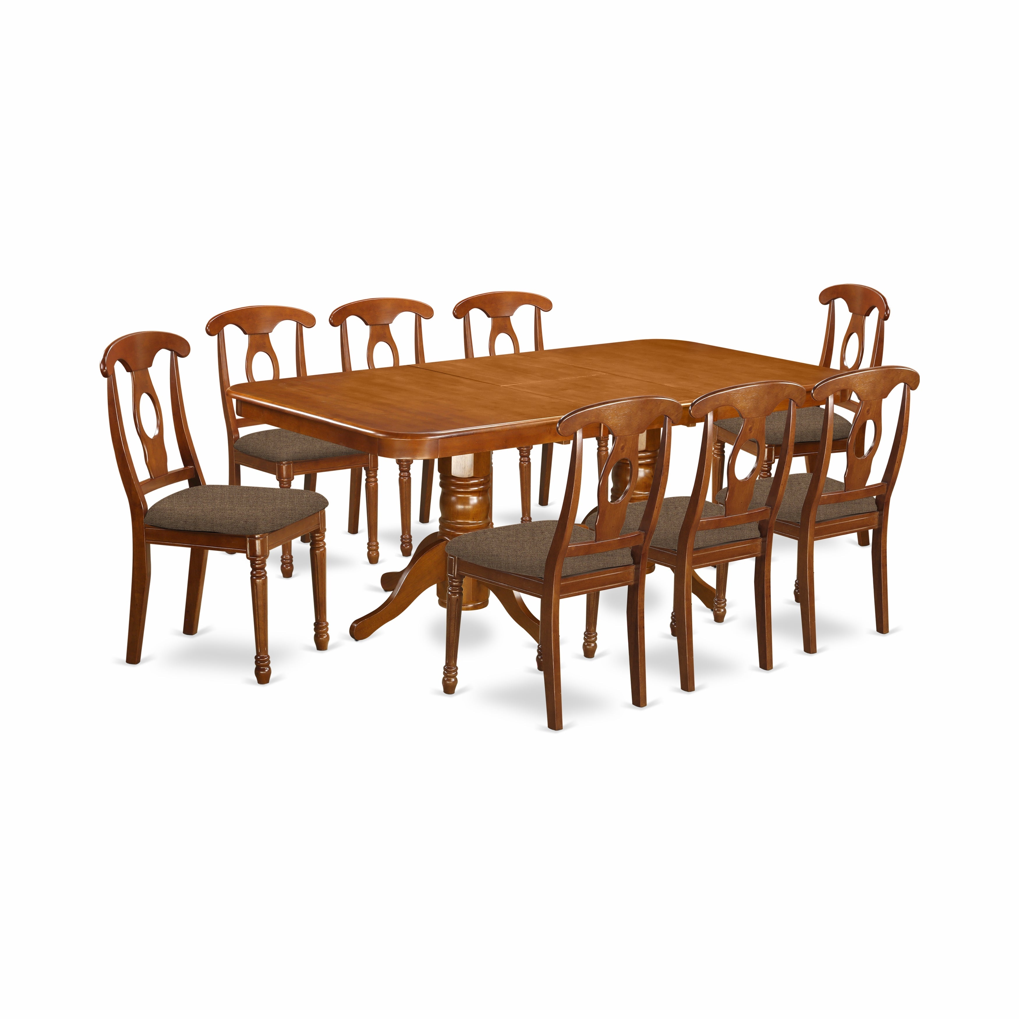 El juego de mesa de cocina East West Furniture NANA9-SBR-C de 9 piezas incluye una mesa de comedor rectangular con hojas de mariposa y 8 sillas de comedor de tela de lino.