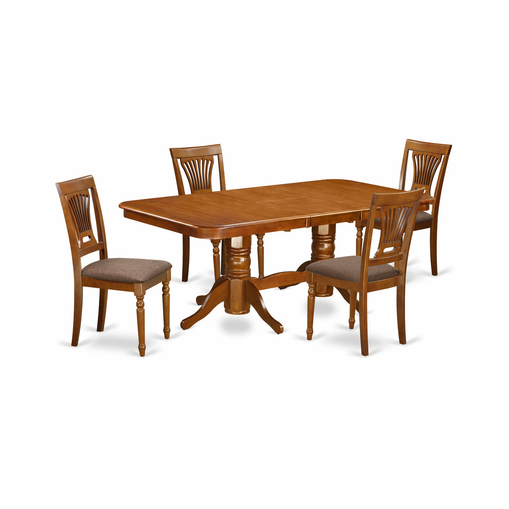 Juego de comedor de 5 piezas East West Furniture NAPL5-SBR-C para 4 personas. Incluye una mesa de comedor rectangular con diseño de hojas de mariposa y 4 sillas de comedor de cocina de tela de lino.