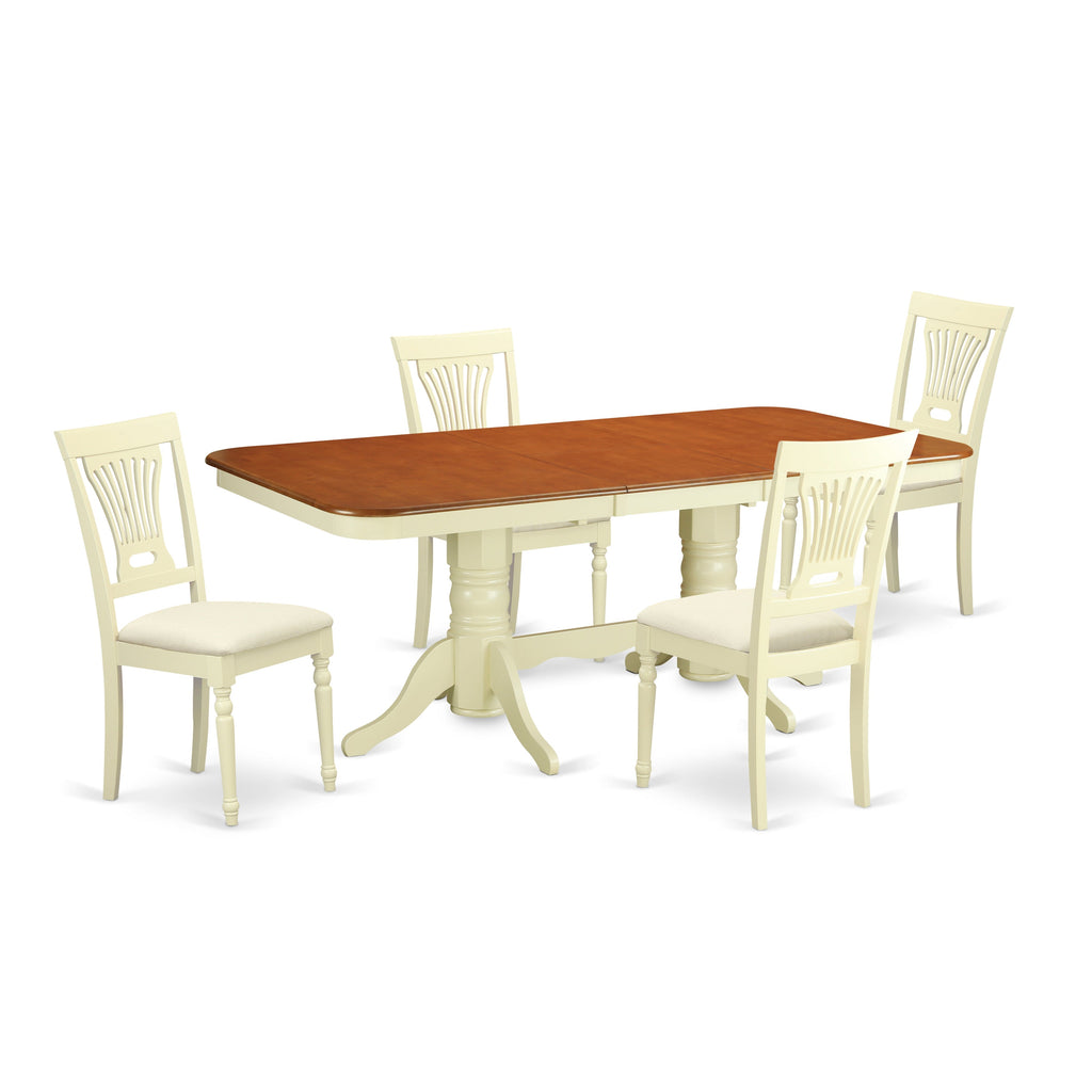 El juego de mesa de comedor de 5 piezas East West Furniture NAPL5-WHI-C incluye una mesa de cocina rectangular con hojas de mariposa y 4 sillas de comedor tapizadas en tela de lino.