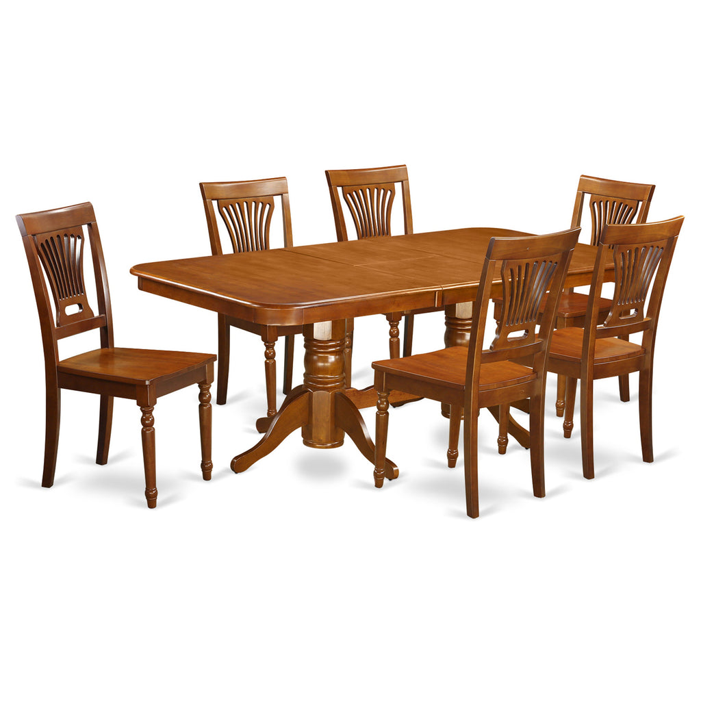 Juego de mesa y sillas de cocina de 7 piezas NAPL7-SBR-W de East West Furniture. Incluye una mesa de comedor rectangular con diseño de hojas de mariposa y 6 sillas de comedor.