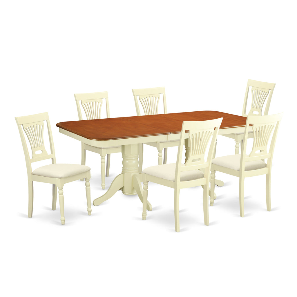 Juego de mesa de cocina de 7 piezas East West Furniture NAPL7-WHI-C. Incluye una mesa de comedor rectangular con diseño de hojas de mariposa y 6 sillas de comedor tapizadas en tela de lino.
