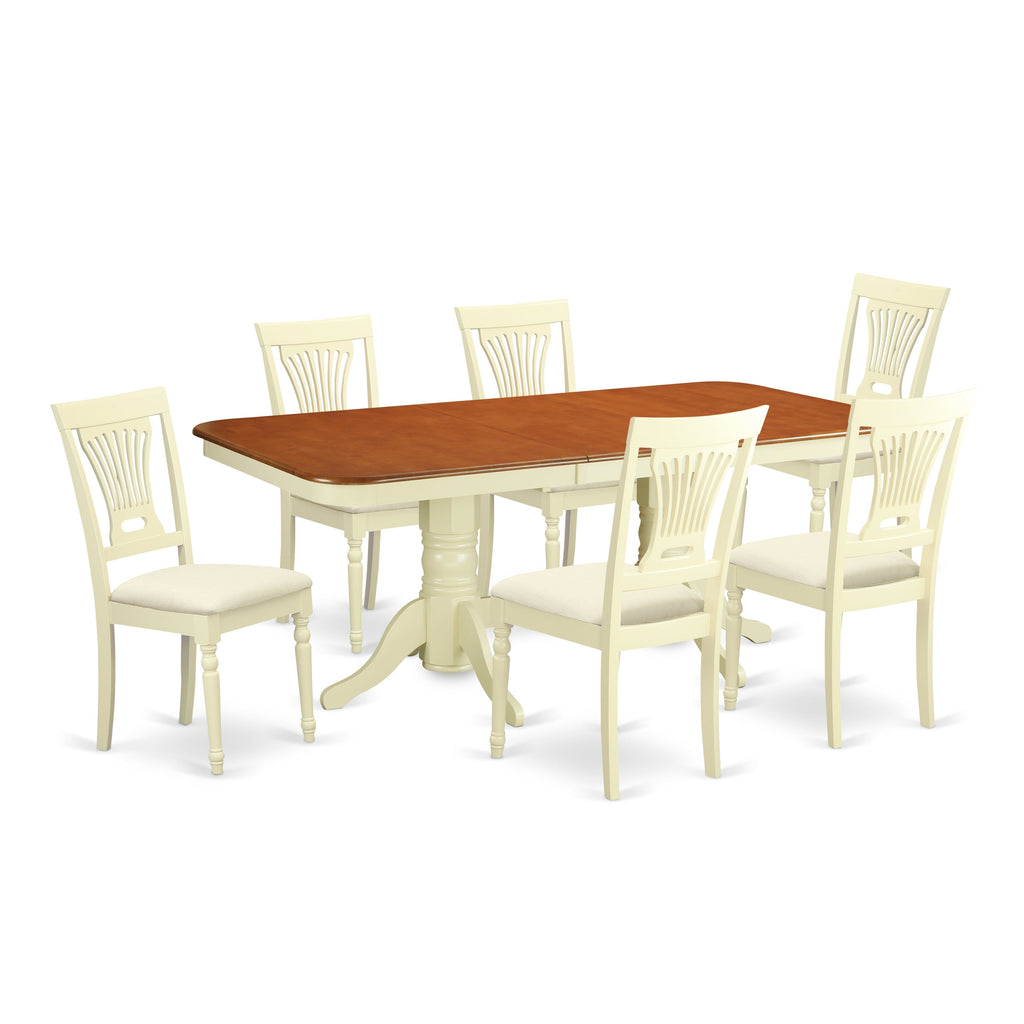 East West Furniture NAPL7-WHI-C 7 Piece Kitchen Table Set Consist of a Rectangle Dining Table with Butterfly Leaf and 6 Linen Fabric Upholstered Dining Chairs, 40x78 Inch, Buttermilk & Cherry