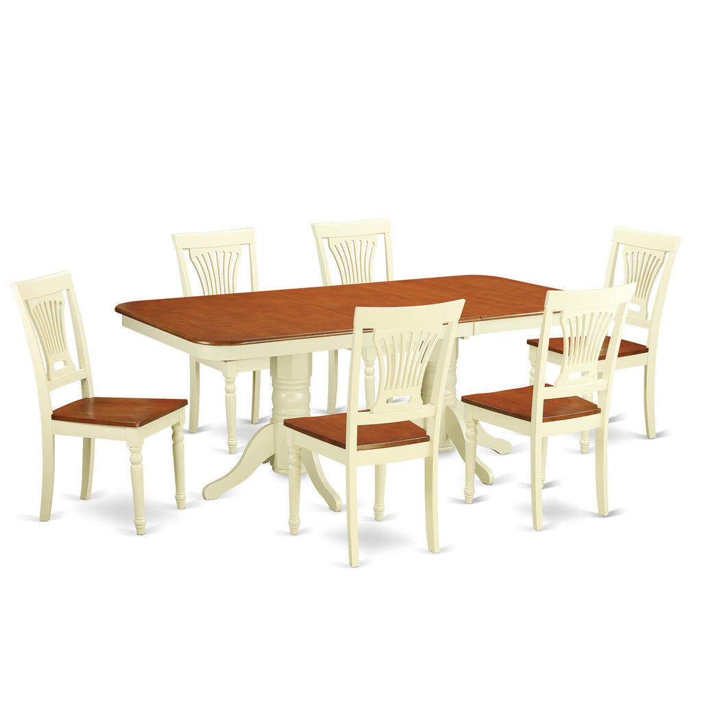 Juego de mesa de comedor moderna de 7 piezas East West Furniture NAPL7-WHI-W. Incluye una mesa rectangular de madera con diseño de hojas de mariposa y 6 sillas de comedor.