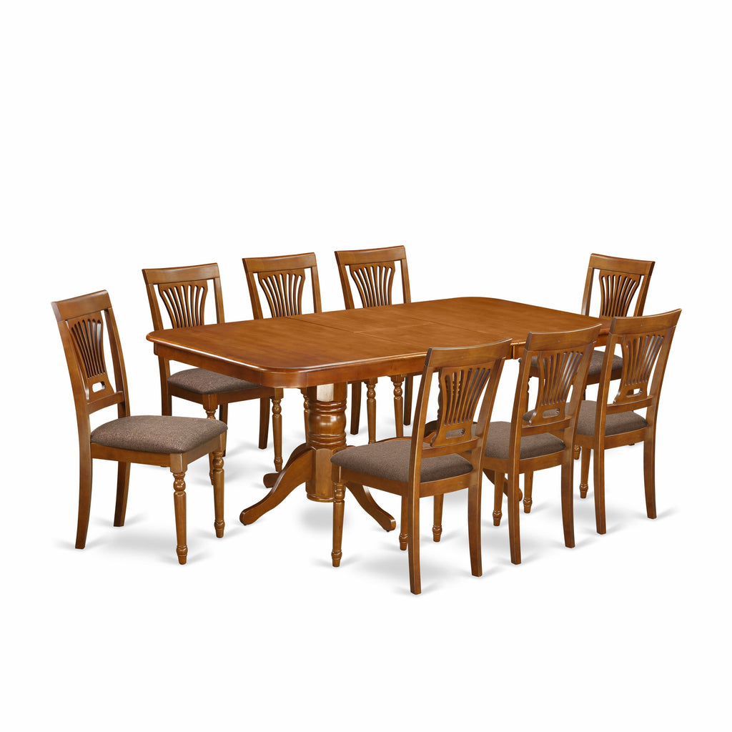 East West Furniture NAPL9-SBR-C 9 Piece Kitchen Table Set Includes a Rectangle Dining Table with Butterfly Leaf and 8 Linen Fabric Upholstered Dining Chairs
