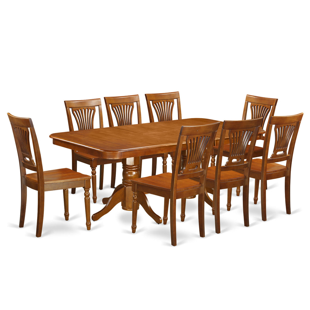 El juego de mesa de cocina de 9 piezas East West Furniture NAPL9-SBR-W incluye una mesa de comedor rectangular con diseño de hojas de mariposa y 8 sillas de comedor.