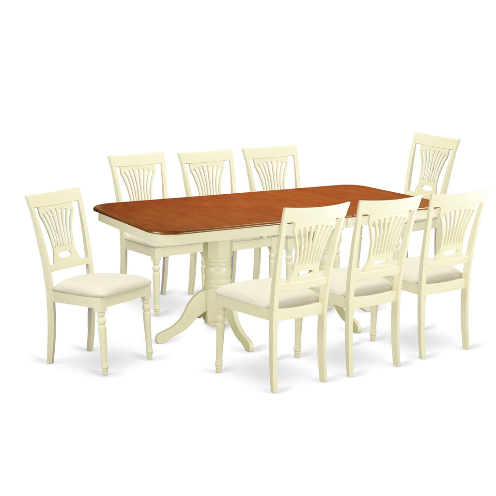 El juego de mesa de comedor moderno East West Furniture NAPL9-WHI-C de 9 piezas incluye una mesa rectangular de madera con diseño de hojas de mariposa y 8 sillas de comedor de tela de lino.