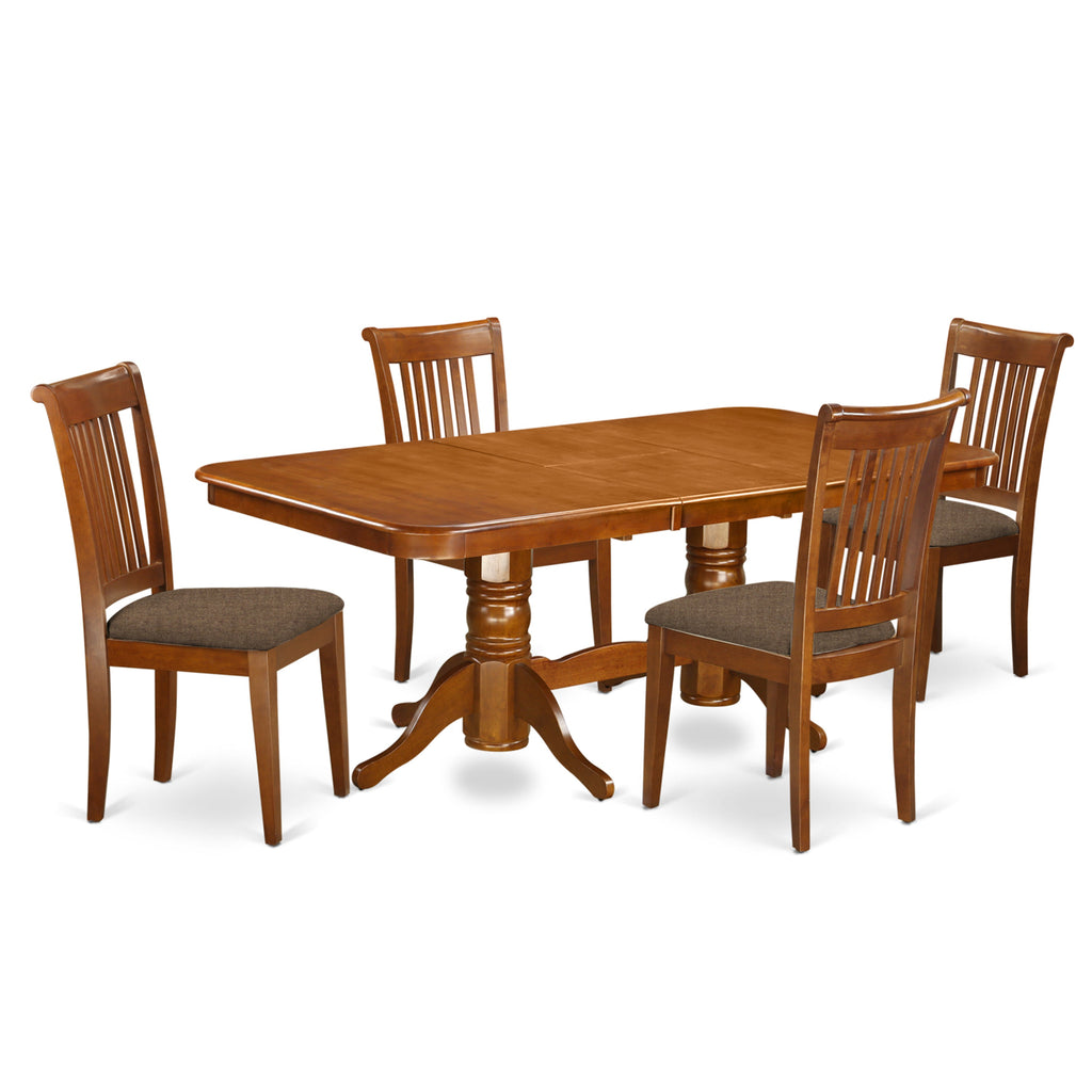 Juego de comedor de 5 piezas East West Furniture NAPO5-SBR-C. Incluye una mesa de cocina rectangular con diseño de hojas de mariposa y 4 sillas tapizadas en tela de lino.