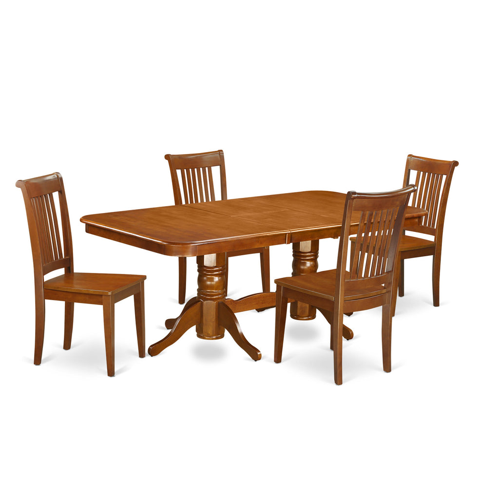 El juego de mesa de comedor de 5 piezas NAPO5-SBR-W de East West Furniture incluye una mesa rectangular de madera con diseño de hojas de mariposa y 4 sillas de comedor de cocina.