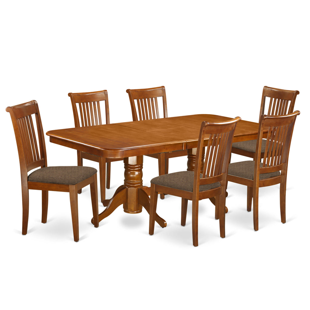 Juego de mesa y sillas de cocina East West Furniture NAPO7-SBR-C de 7 piezas. Incluye una mesa rectangular de madera con diseño de hojas de mariposa y 6 sillas de comedor de tela de lino.