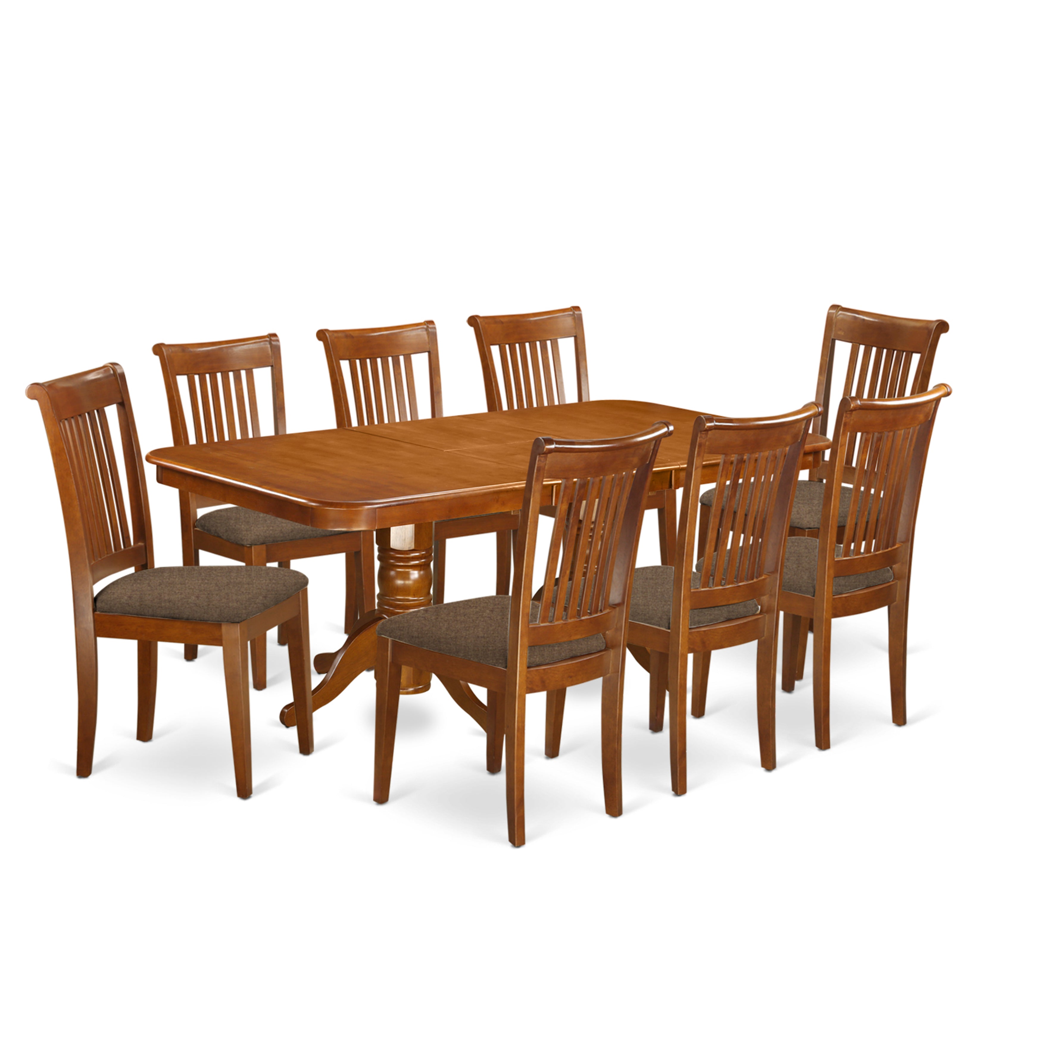 El juego de comedor East West Furniture NAPO9-SBR-C de 9 piezas incluye una mesa de cocina rectangular con diseño de hojas de mariposa y 8 sillas de comedor tapizadas en tela de lino.